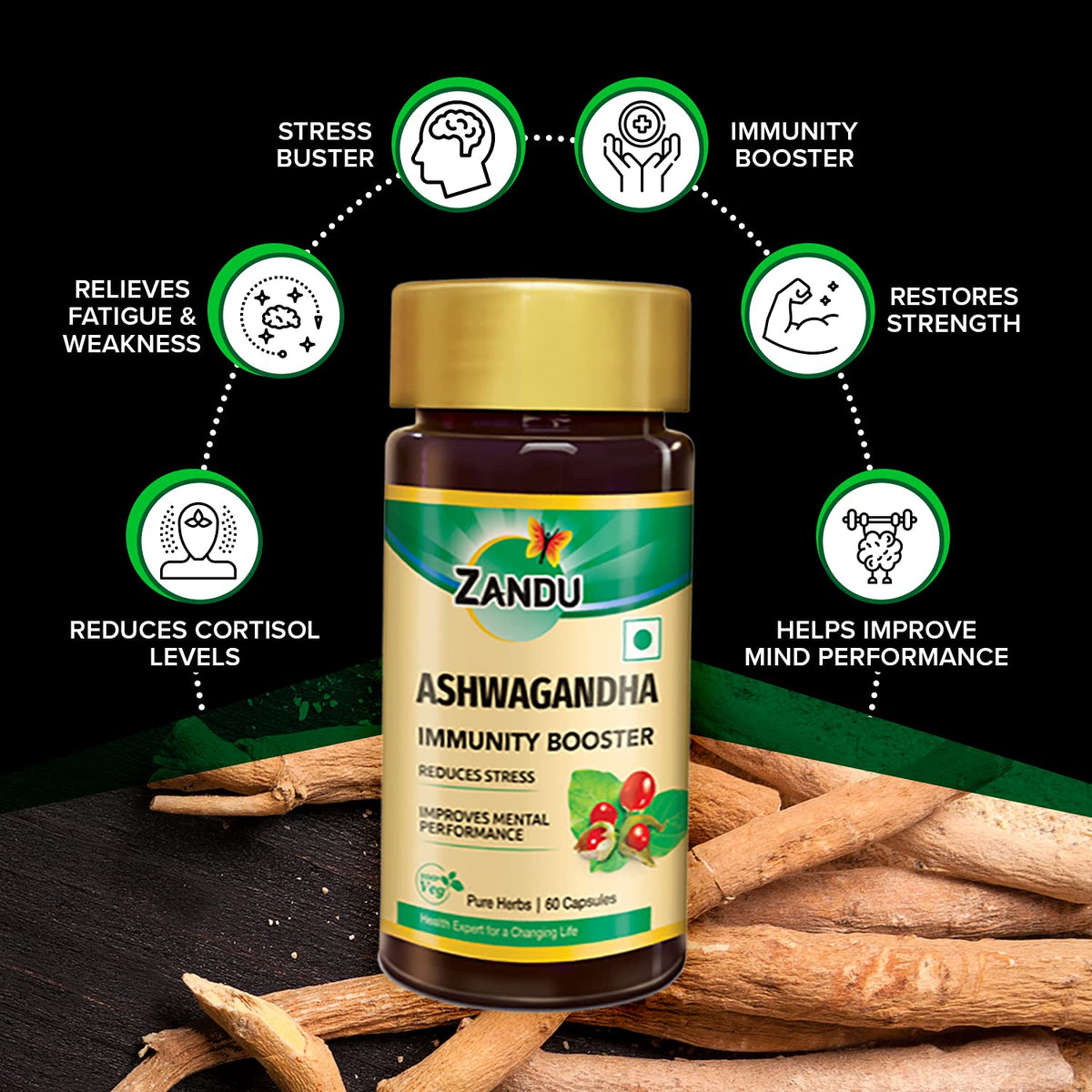Zandu Ashwagandha Capsules (120 veg caps), Formulated with Pure Extracts of Ashwagandha, Immunity Booster, For Natural Body Strength, Stress Buster (Pack of 60 x 2)