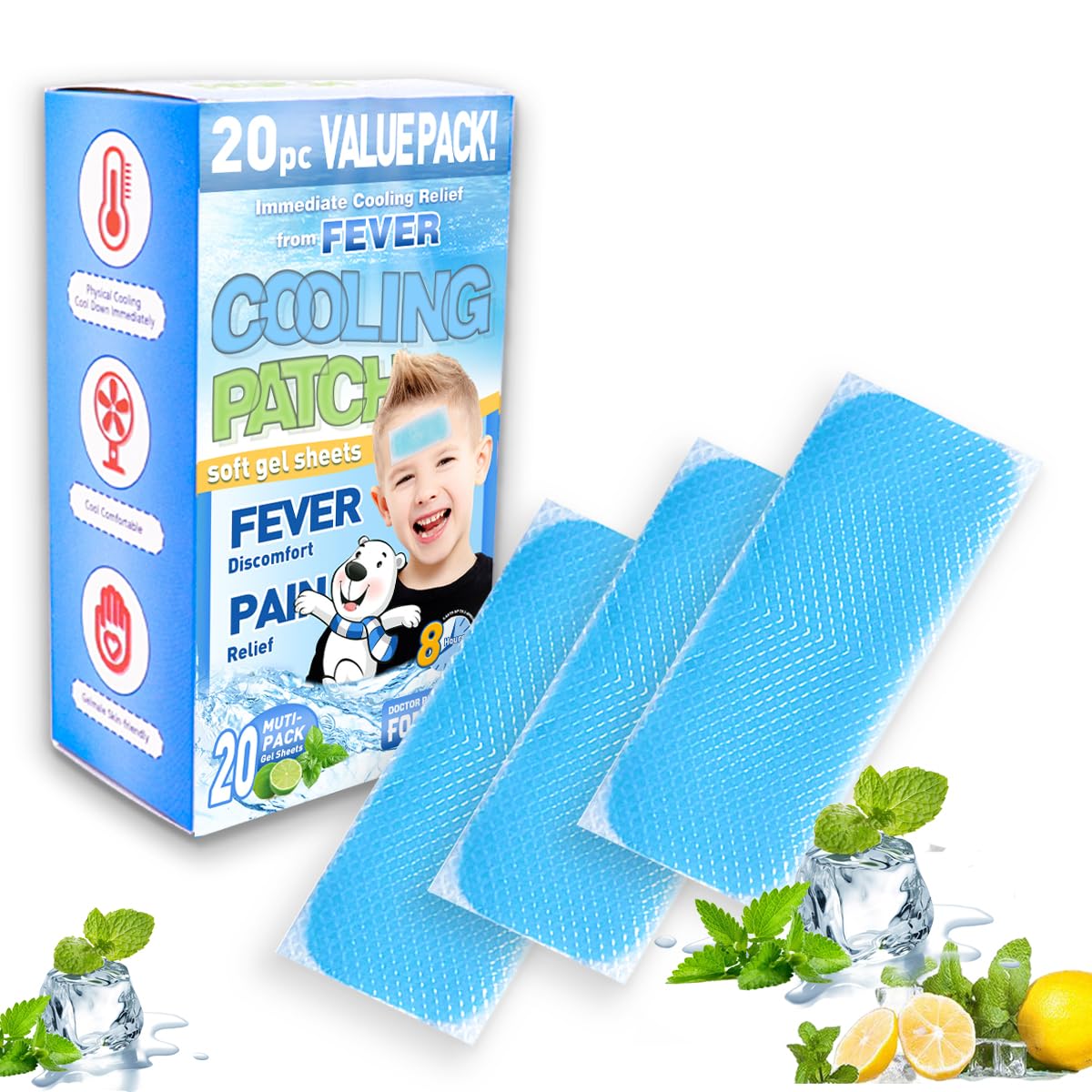 20 Cooling Gel Patches, Fast-Acting Cooling Pads for Adults and Kids to Relieve Headaches, Migraines, Sunburn and Heat Stroke, Soothe Forehead and Body, Good for Cooling, Outdoor Travel