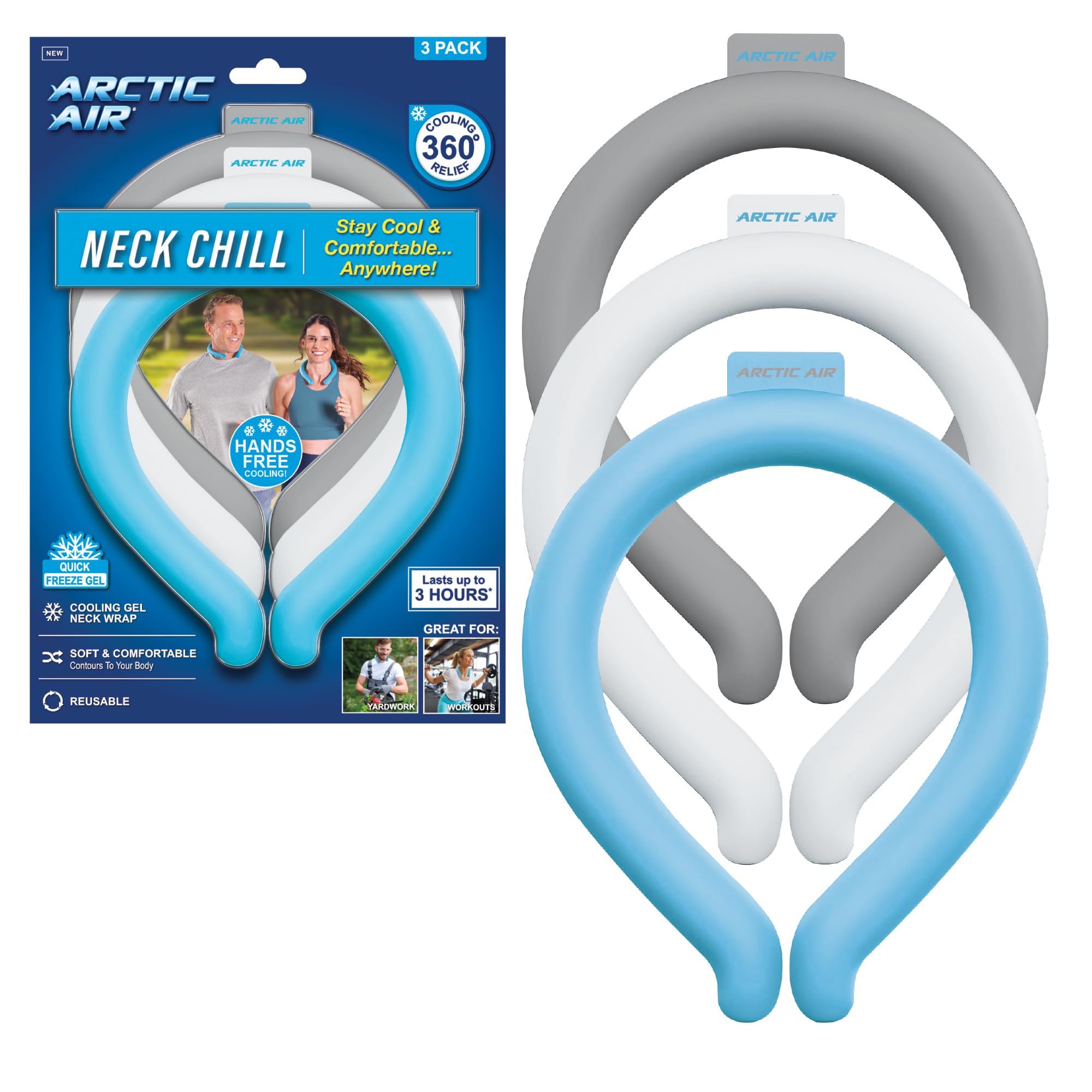 Arctic Air Neck Chill, Neck Cooling Tube, Hands Free Cooling, Quick Freeze Gel, Wearable Body Coolers for Hot Weather, Reusable, Adjustable Fit, 3 Pack