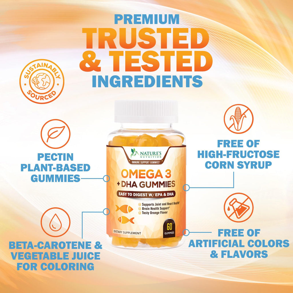 Omega 3 Fish Oil Gummies - Triple Strength Omega 3 Gummy Supplement with High Absorption DHA & EPA - Heart, Joint & Brain Support - Delicious Orange Flavor Fish Oil Nature's Vitamin - 60 Gummies