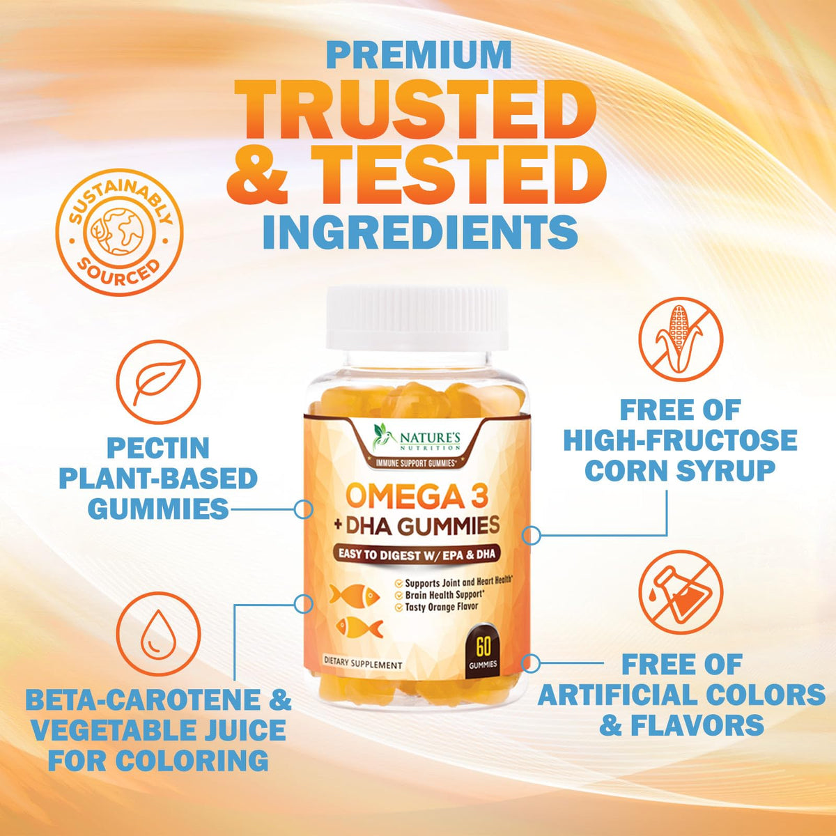 Omega 3 Fish Oil Gummies - Triple Strength Omega 3 Gummy Supplement with High Absorption DHA & EPA - Heart, Joint & Brain Support - Delicious Orange Flavor Fish Oil Nature's Vitamin - 60 Gummies