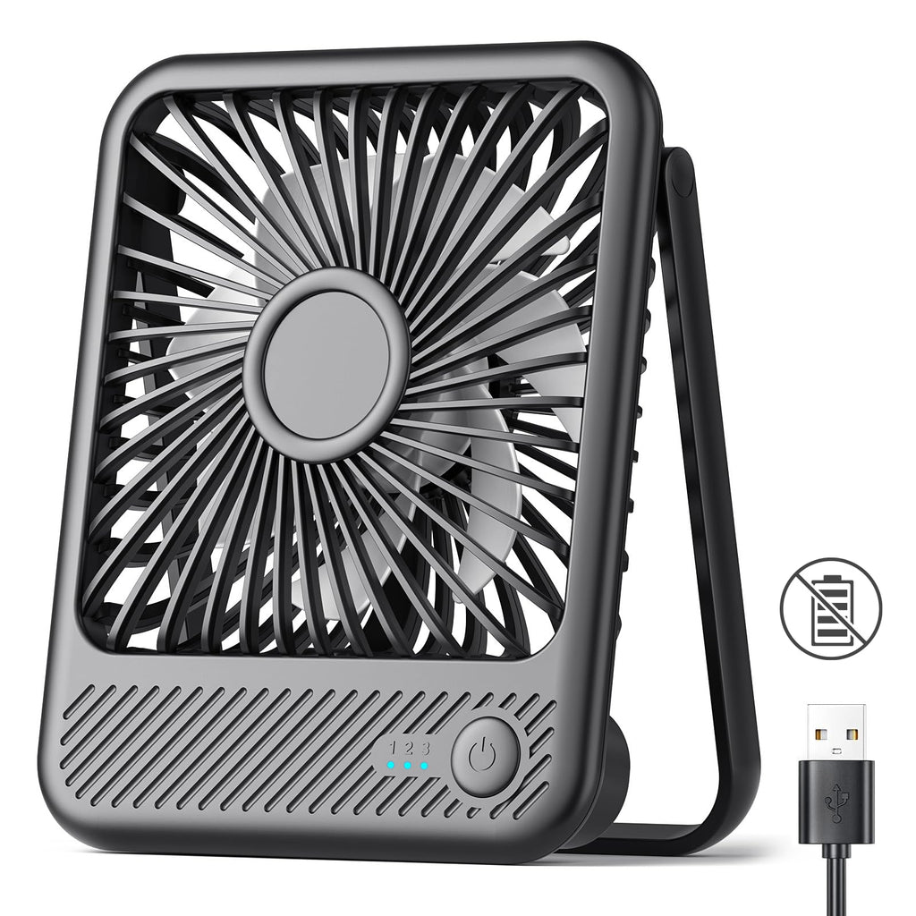 Koonie USB Desk Fan, Strong Wind Ultra Quiet Small Mini Fan | 180° Tilt Folding & 3 Speeds Adjustable, USB-C Corded Powered Personal Fan for Office Desktop Bedroom, Black, NO BATTERY