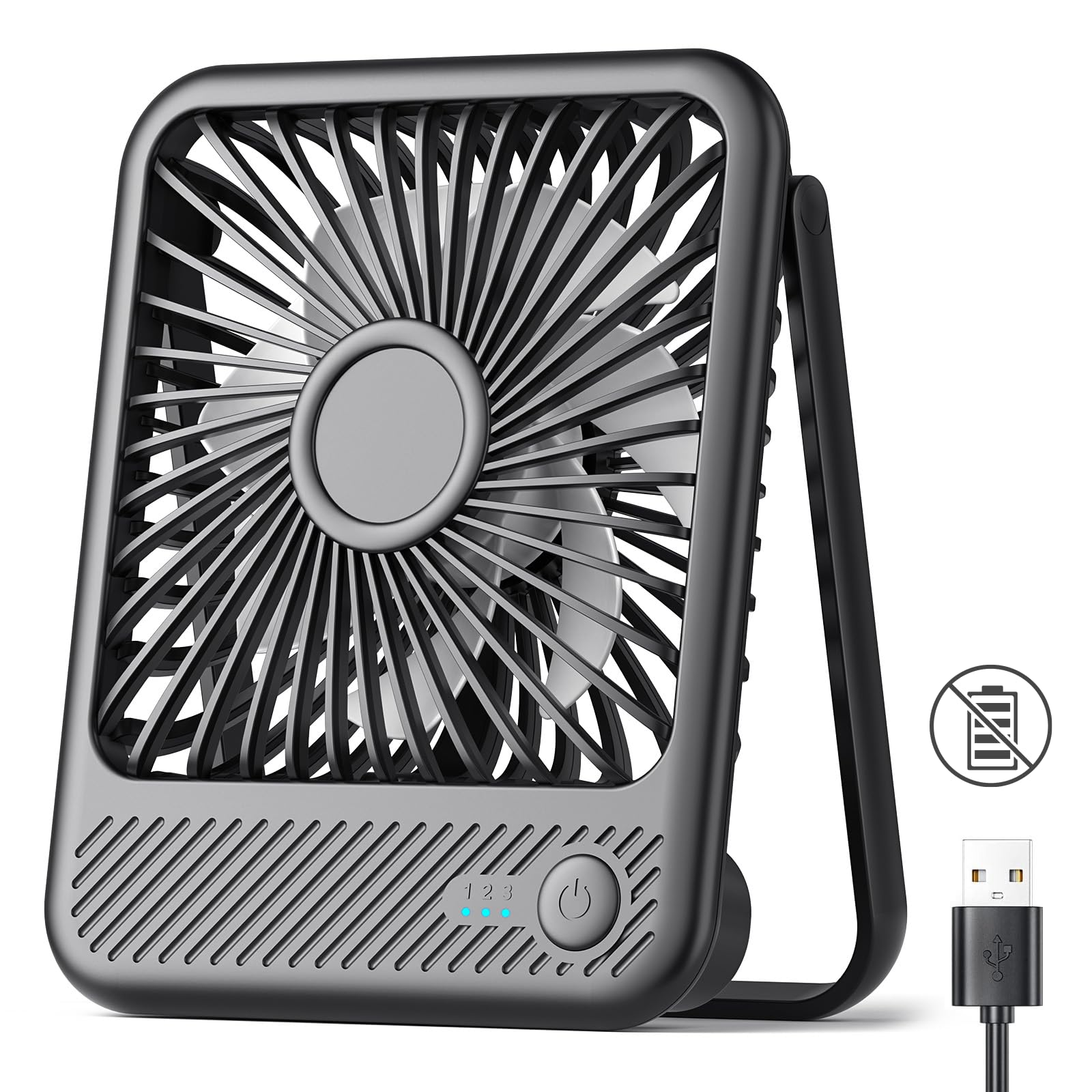 Koonie USB Desk Fan, Strong Wind Ultra Quiet Small Mini Fan | 180° Tilt Folding & 3 Speeds Adjustable, USB-C Corded Powered Personal Fan for Office Desktop Bedroom, Black, NO BATTERY