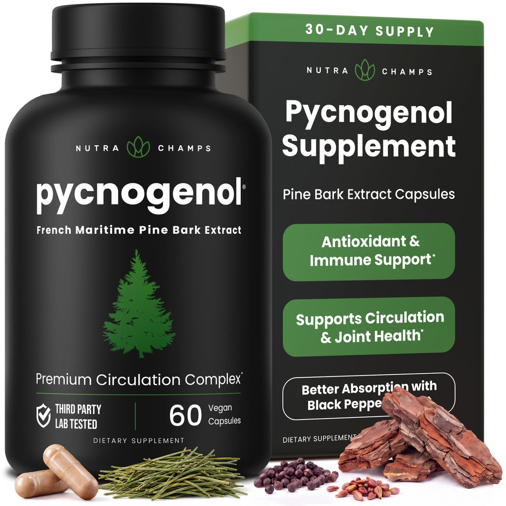 NutraChamps Pycnogenol French Maritime Pine Bark Extract, Premium Circulation Complex, Blood Flow, Nitric Oxide Production, Superior Absorption, Results with Black Pepper Extract, 60 Capsules