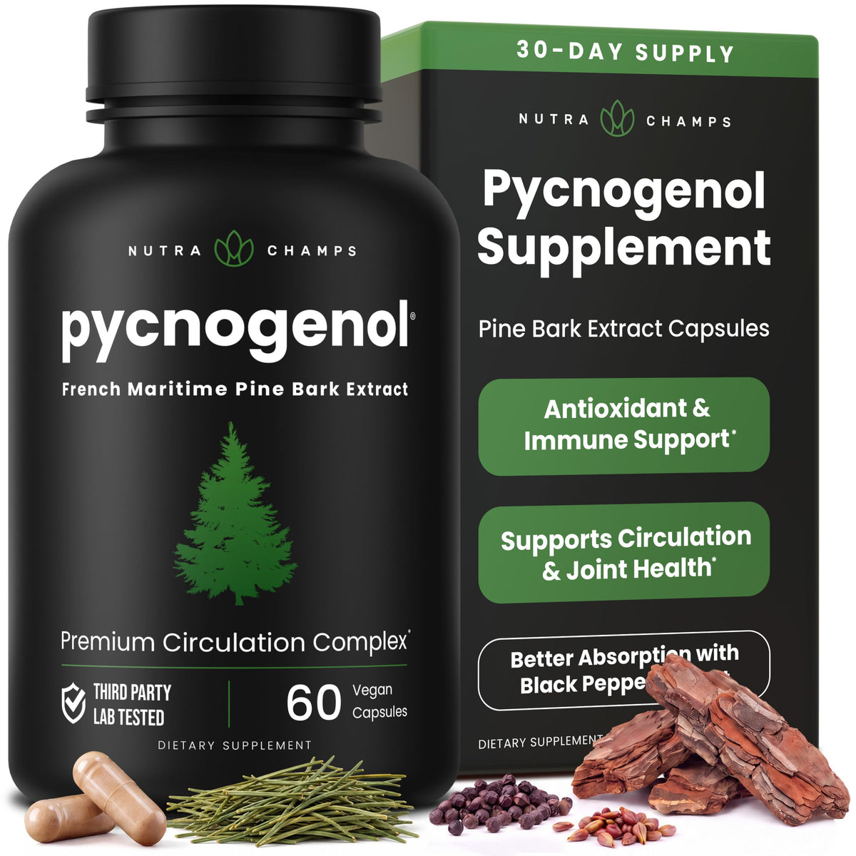 NutraChamps Pycnogenol French Maritime Pine Bark Extract, Premium Circulation Complex, Blood Flow, Nitric Oxide Production, Superior Absorption, Results with Black Pepper Extract, 60 Capsules