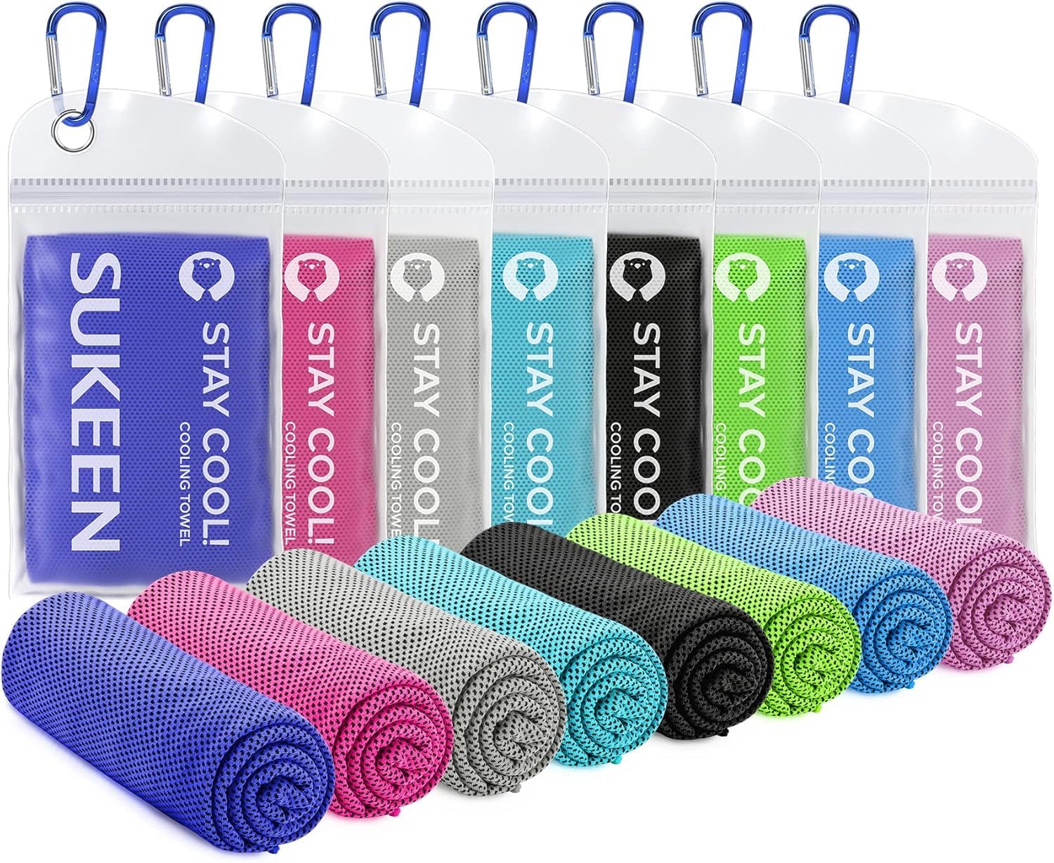Sukeen 8 Pack Cooling Towels (40"x12"), Cooling Towels for Neck and Face, Microfiber Soft Breathable Chilly Ice Towel, Sweat Towel for Gym, Yoga, Sports, Golf, Camping, Running, Fitness, Workout