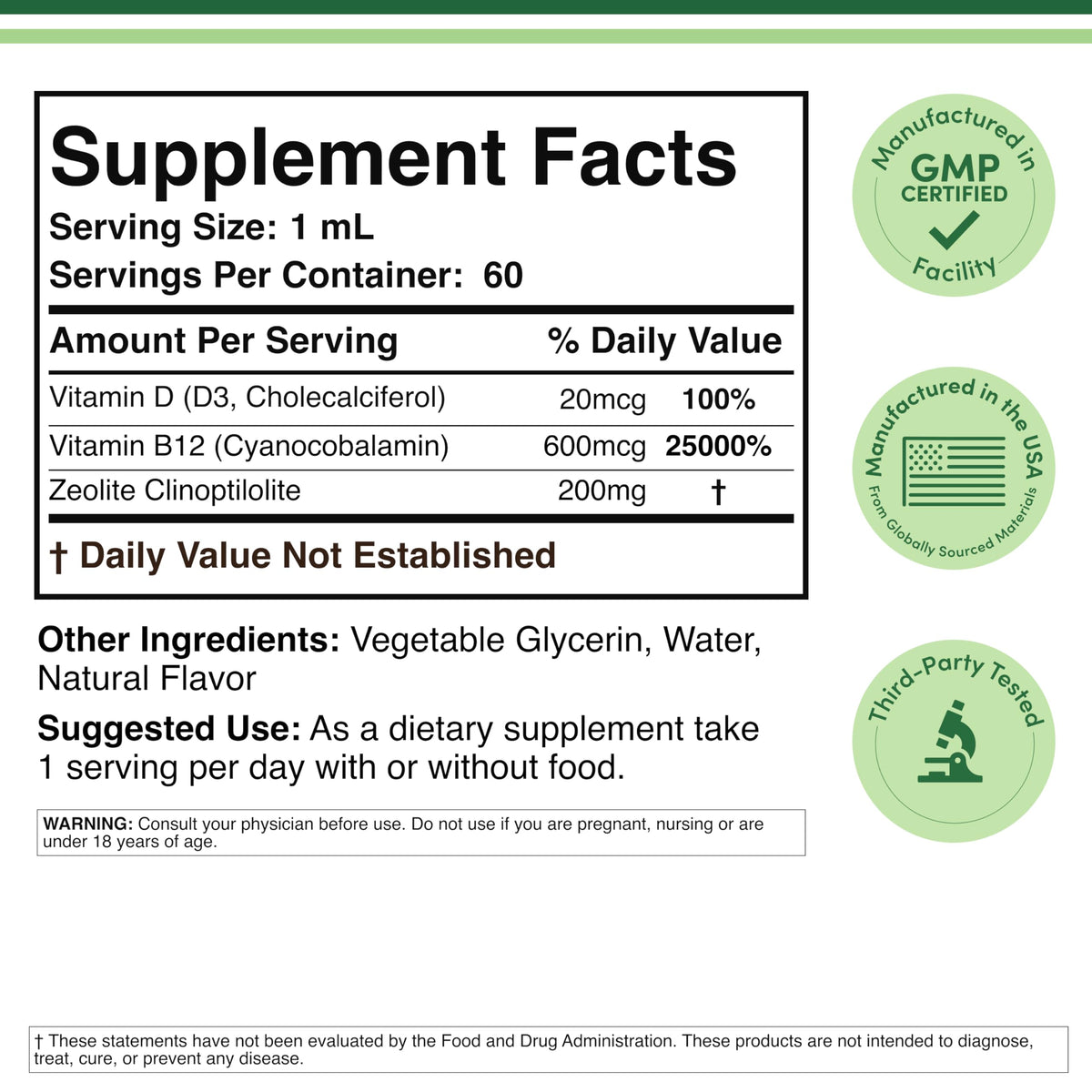 Liquid Zeolite Detox 620mg with B12 & D3, Detox & Energy, 60 Servings