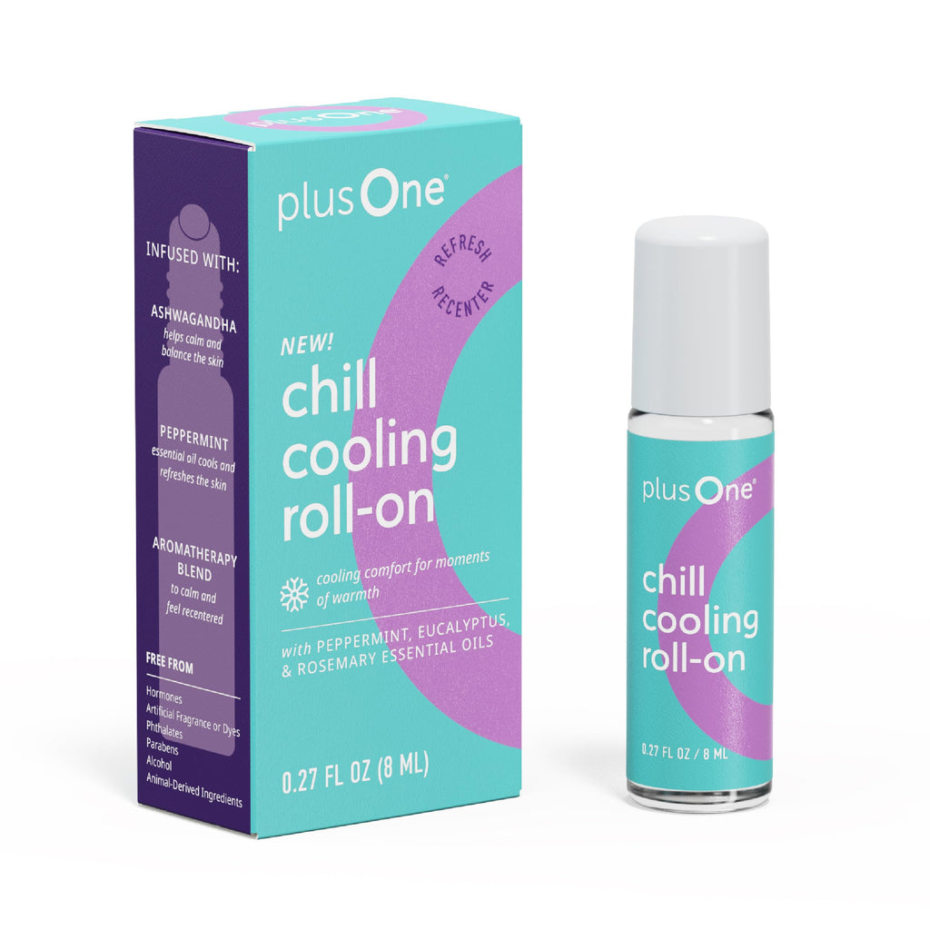 plusOne Chill Cooling Roll-On, Aromatherapy Oil Blend for Stress 0.27 fl oz | Instant Hot Flash Support with Peppermint, Menthol & Ashwagandha, Essential Oil Blend for Stress & Cooling Refreshment