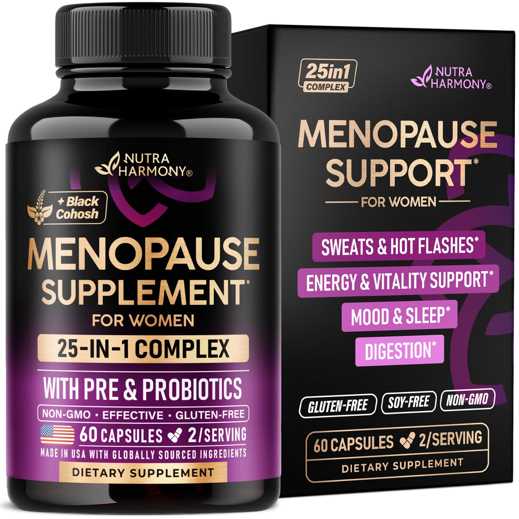 Menopause Supplements for Women - Black Cohosh, Pre & Probiotics - 60 Caps | Sweats & Hot Flashes Relief - Digestion, Sleep & Mood Support - 25in1 Complex - Dong Quai, Red Clover & Vitamins - Lab Tested