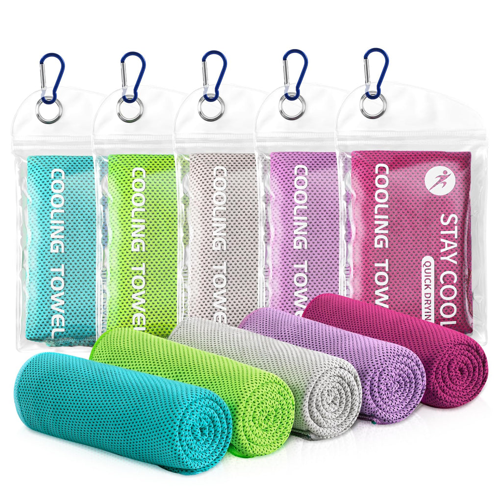 Cooling Towels - 5 Pack Gym Towels, Gym Towel for Working Out, Yoga Towel | Microfiber Breathable Mesh Fabric, Large Size: 40"L × 12"W, Reusable & Easy To Clean, Equipped With Waterproof Storage Pouch