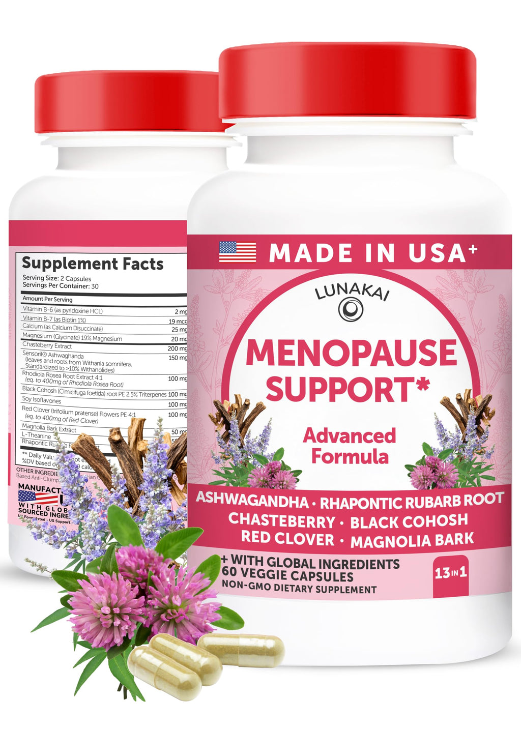 Lunakai USA Made Natural Menopause Supplements for Women, 60ct | Non-GMO, 13-in-1 Menopause Relief for Hot Flashes, Night Sweats, Sleep & Mood Support