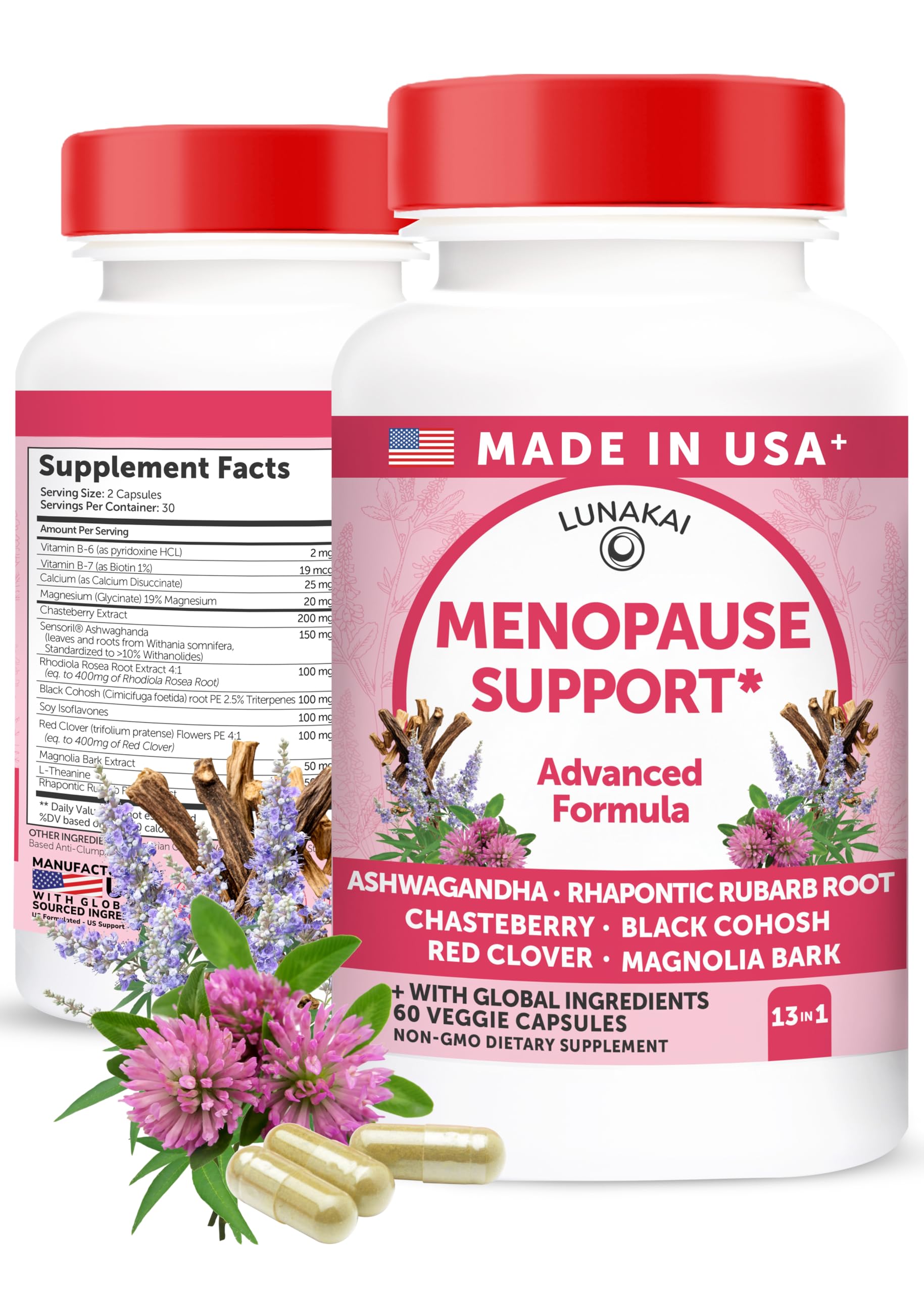 Lunakai USA Made Natural Menopause Supplements for Women, 60ct | Non-GMO, 13-in-1 Menopause Relief for Hot Flashes, Night Sweats, Sleep & Mood Support