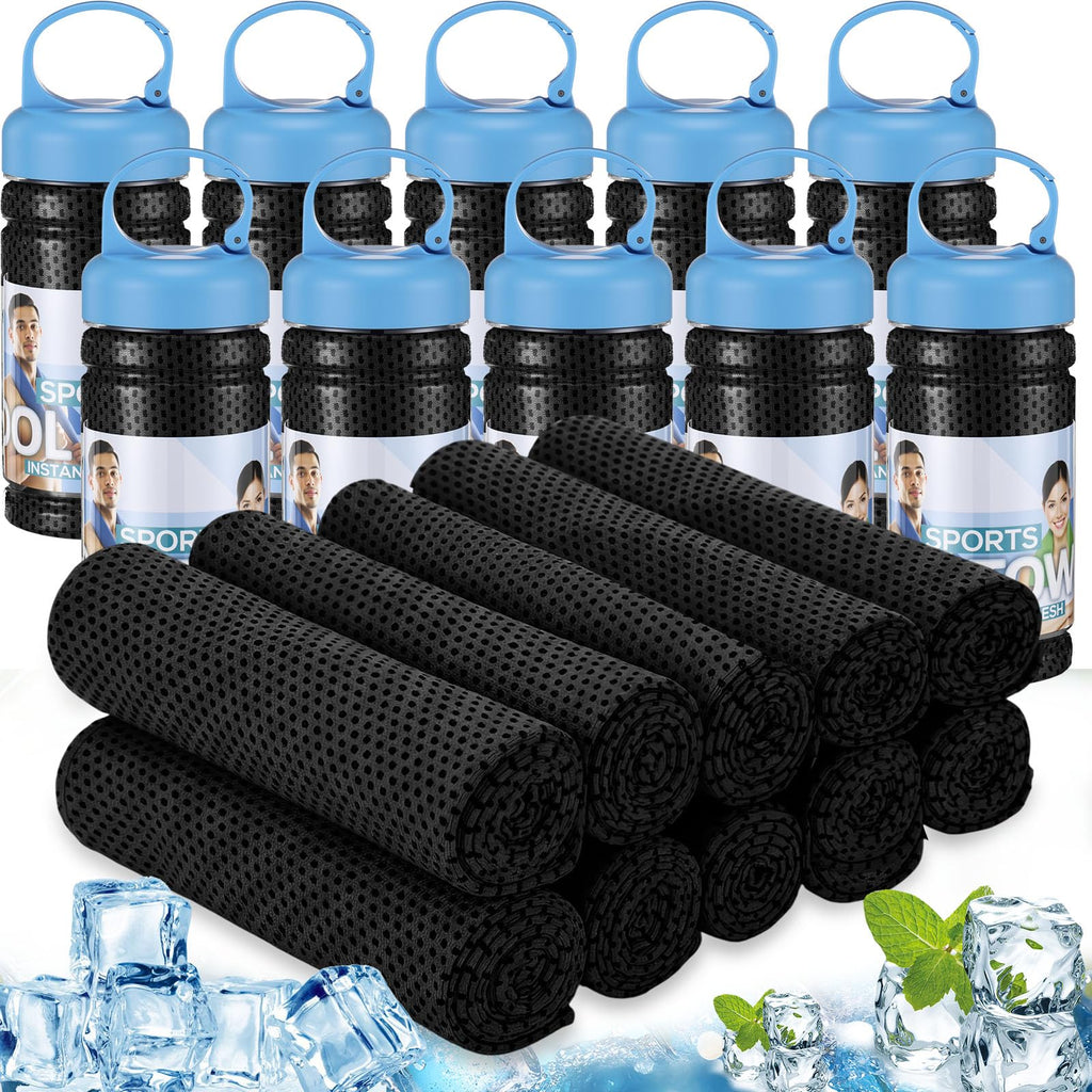 Honoson 10 Pcs Cooling Towels for Neck and Face, 47"x12" Sports Breathable Ice Towels Microfiber Chilly Sweat Rags with Portable Bottle for Gym Golf Athletes Yoga Workout Hot Weather (Black)