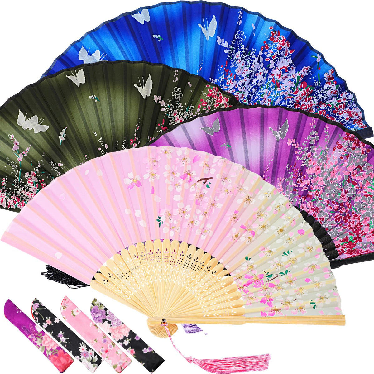 Zonon 4 Pack Hand Held Folding Fans for Women Silk,Lively
