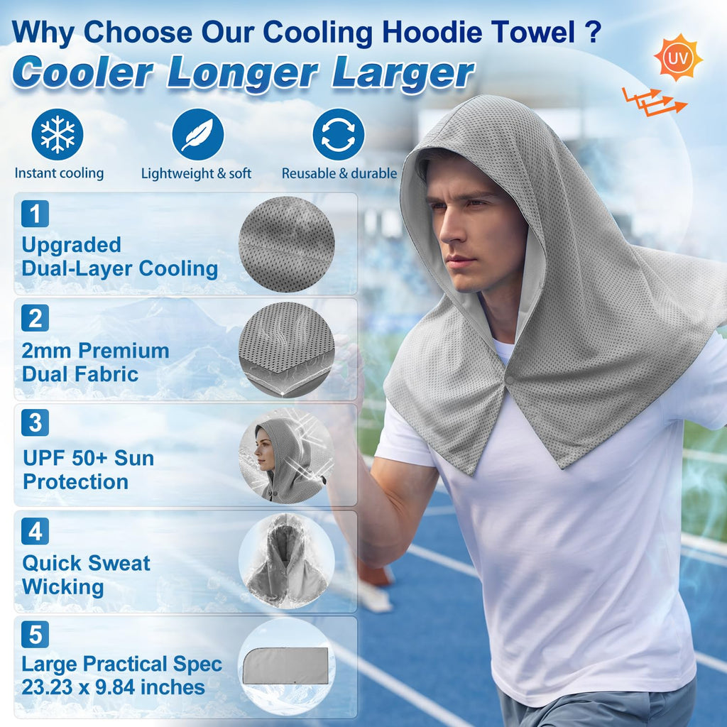 Upgraded PVA Cooling Hoodie Towels-UPF 50+ Instant Cooling Towel | Cooling Towels for Neck & Face, Sweat-Absorbent Ice Towel for Hot Weather, Sports, Camping, Cycling & Outdoor Activities