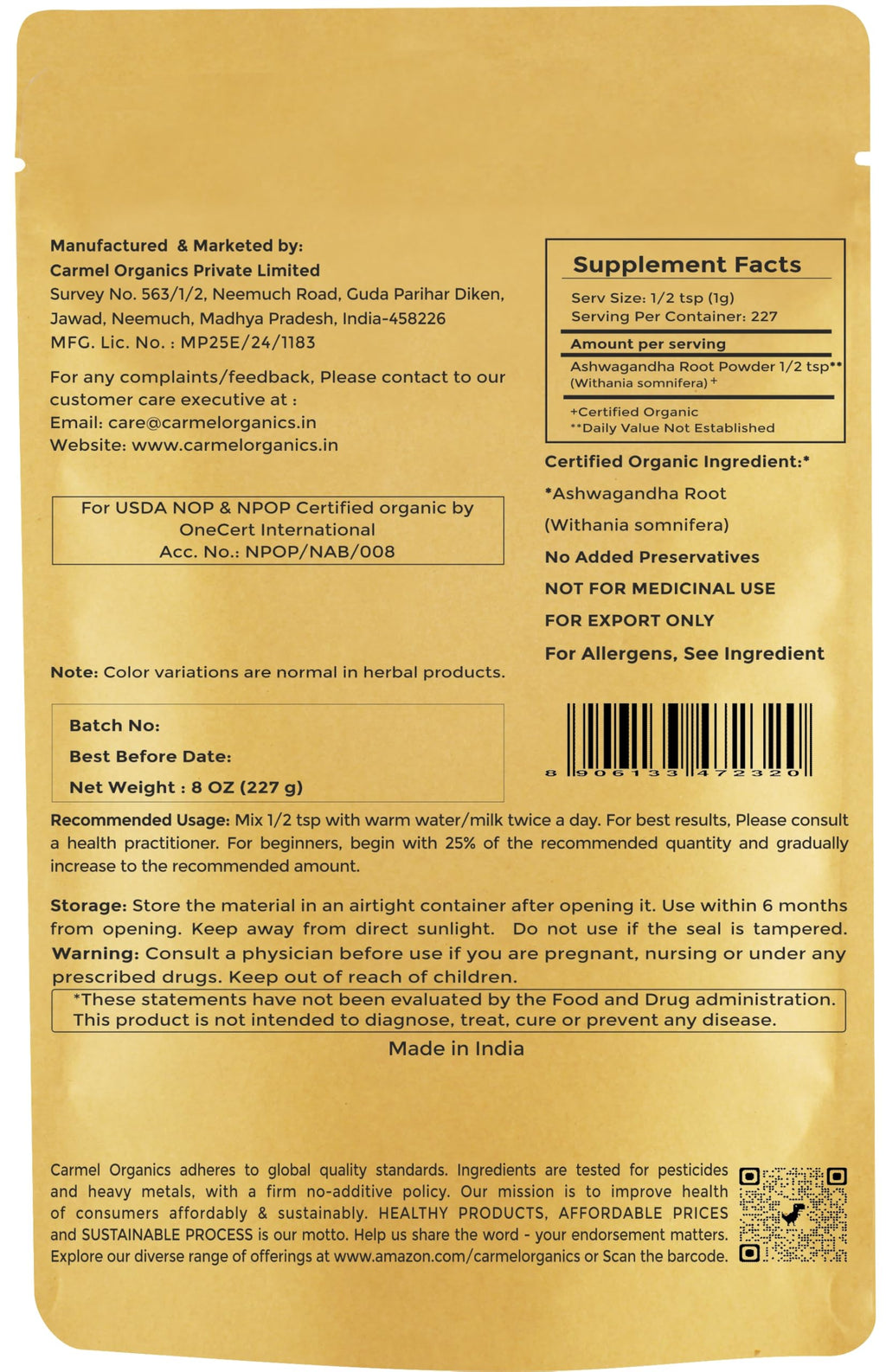 CARMEL ORGANICS Organic Ashwagandha Root Powder 8 Ounce
