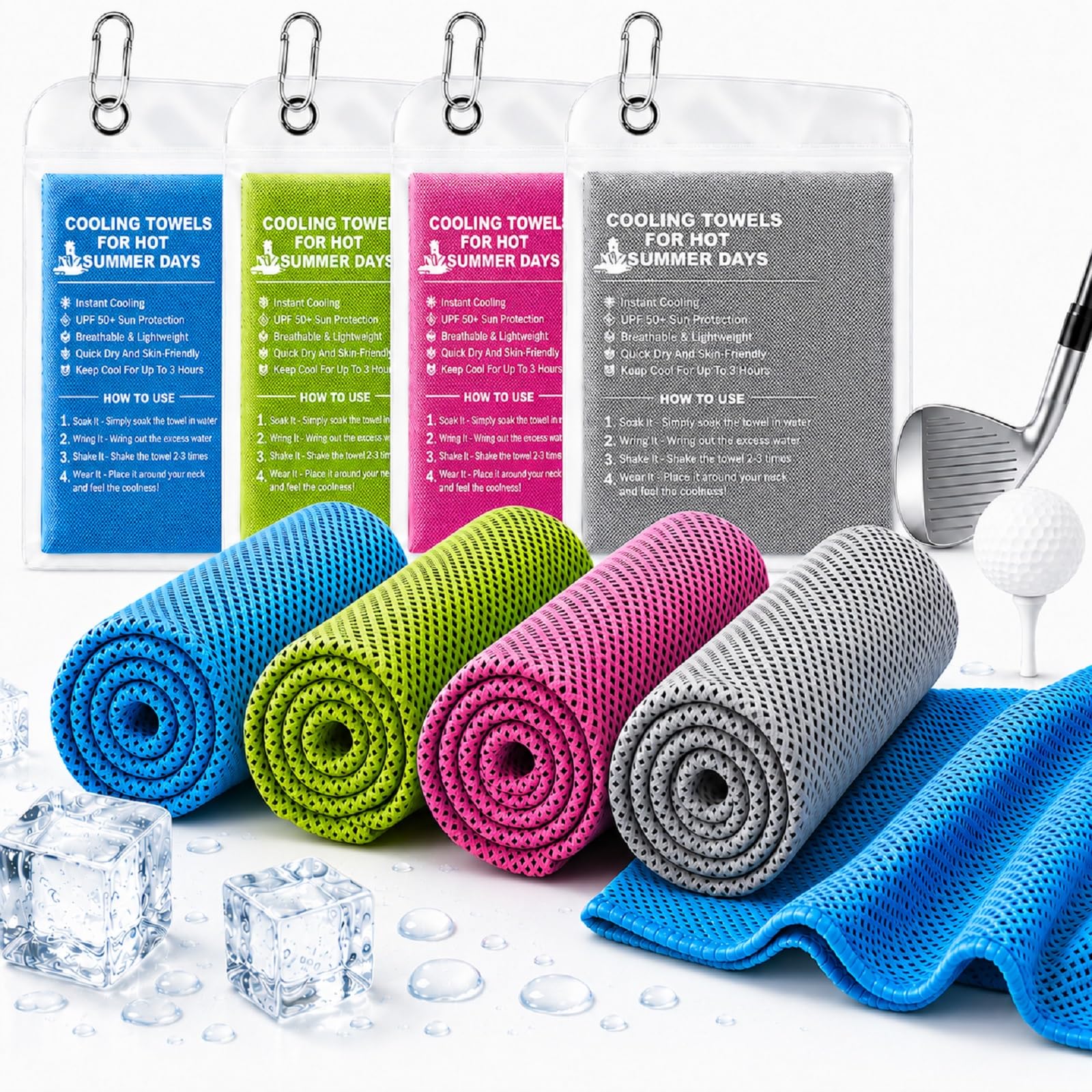 4 Pack Cooling Towels (40" × 12"), Soft Breathable Cooling Microfiber Ice Towels for Neck & Face, Instant Cooling Neck Wraps for Golf, Gym, Running, Yoga, Camping, Outdoor Sports & Hot Weather