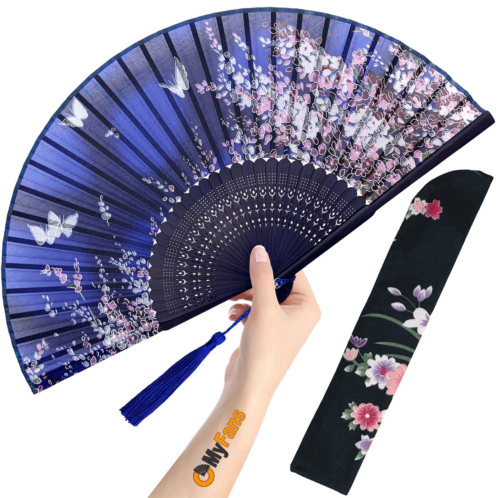 Hand Fan for Women Foldable - Folding Chinese Japanese Vintage Bamboo Silk Fan - Ideal for Hot Flashes, Church, EDM, Festivals, Dancing and Gifts (Bamboo-White)