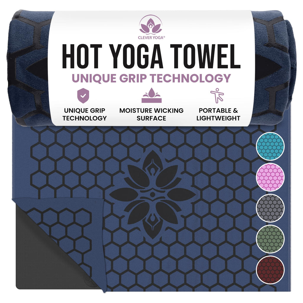 Hot Yoga Mat Towel – Non-Slip Grip for Hot Yoga, Sweat Absorbent, Honeycomb Silicone Grip, Stays Flat – Ideal for Pilates, Travel, Washable & Lightweight - Dark Blue
