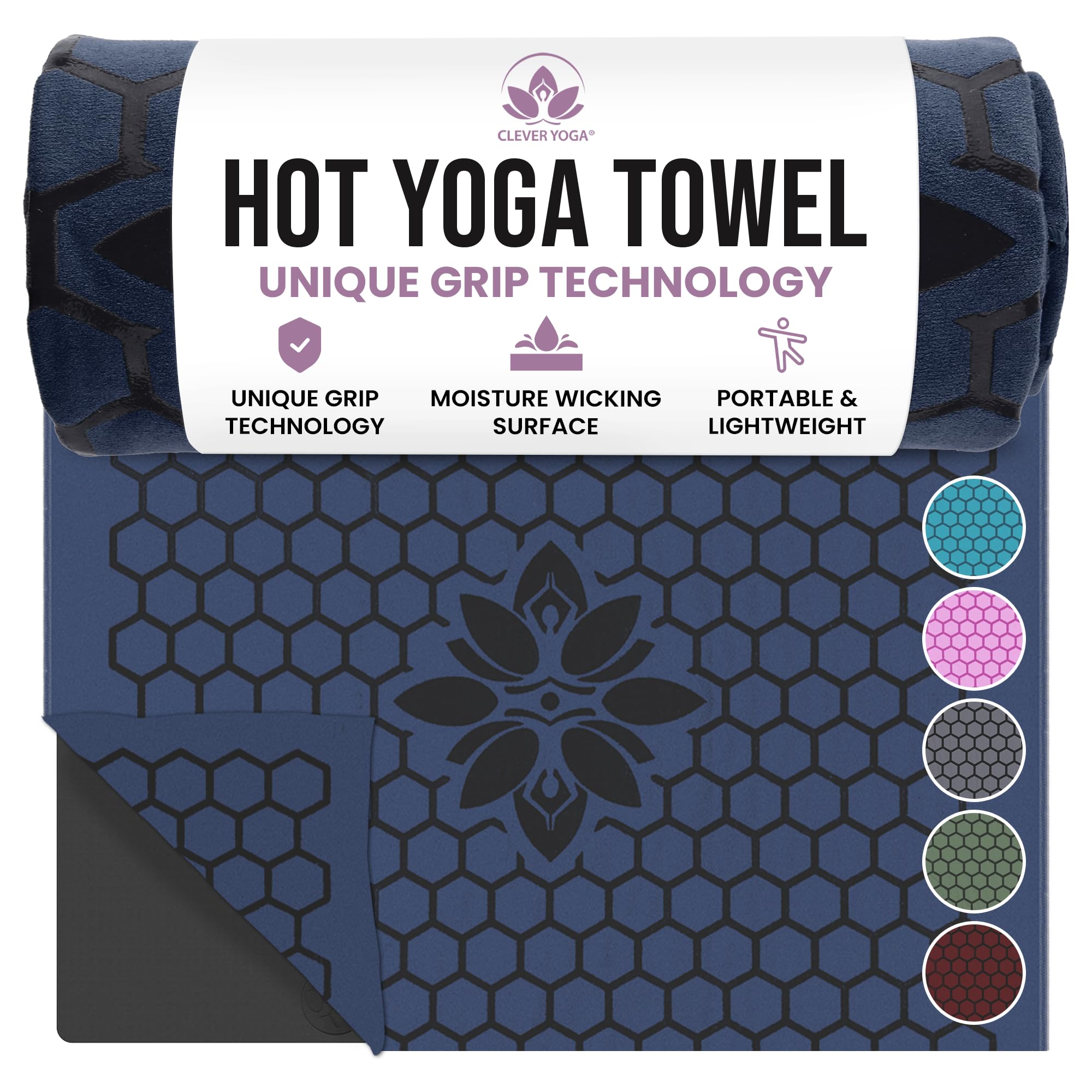 Hot Yoga Mat Towel – Non-Slip Grip for Hot Yoga, Sweat Absorbent, Honeycomb Silicone Grip, Stays Flat – Ideal for Pilates, Travel, Washable & Lightweight - Dark Blue