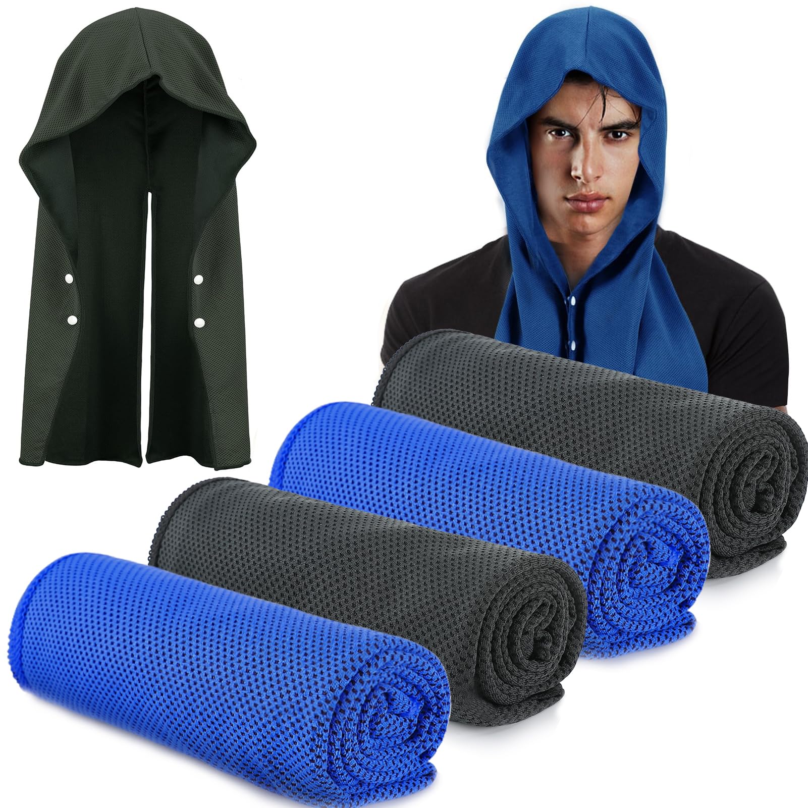 Acostop 4 Pcs Cooling Hoodie Towels for Neck and Face, Absorbent&Quick-Dry | Cooling Towel with Anti-Slip Snaps, Evaporative Cool & UPF 50 Sun Protection Wraps in Hot Weather Outdoor Sports