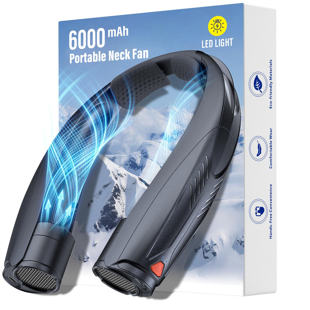 Portable Neck Fan with Reading Light, 6000mAh USB-C Rechargeable Hands Free Fan, 6-Speed Wearable Fan, 360° Cooling Summer Gifts for Men Women, Travel, Camping, Outdoor Work - Black