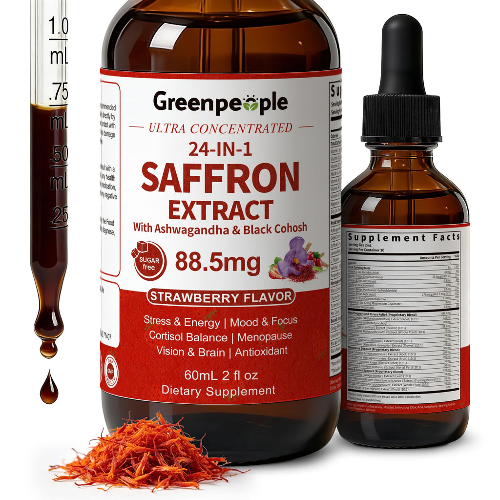 GREENPEOPLE Saffron Supplements for Women, 2 Oz Strawberry Vegan | 88.5 mg Saffron Extract Liquid Drops with Ashwagandha, Lion's Mane & Black Cohosh for Mood, Focus, Cortisol & Menopause
