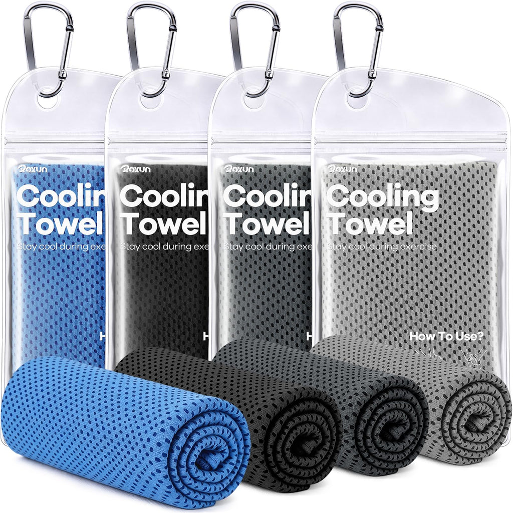 ROXUN Cooling Towels, 4 Pack (40''x12'') Chilly Ice Rags for Neck and Face | Gray+Dark Gray+Blue+Black, Soft Breathable, Sports and Outdoor Workouts, Comes with Storage Bags & Carabiners