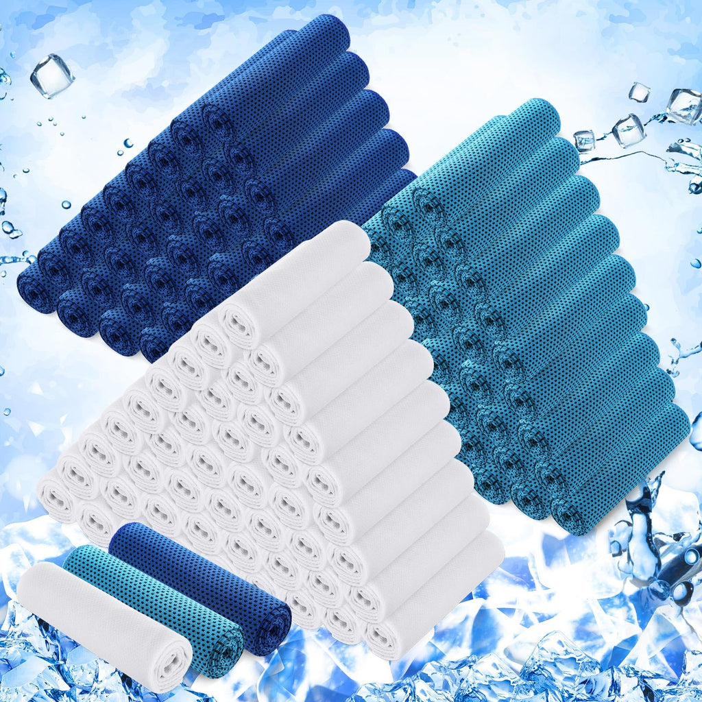 Hosuly 150 Pack Cooling Towels Bulk 40 x 12 Inch Large Chilly Breathable Sweat Sports Cold Towels Sublimation Microfiber Ice Neck Rag for Hot Weather Workout Gym Team Gift (Dark Blue,Light Blue,White)