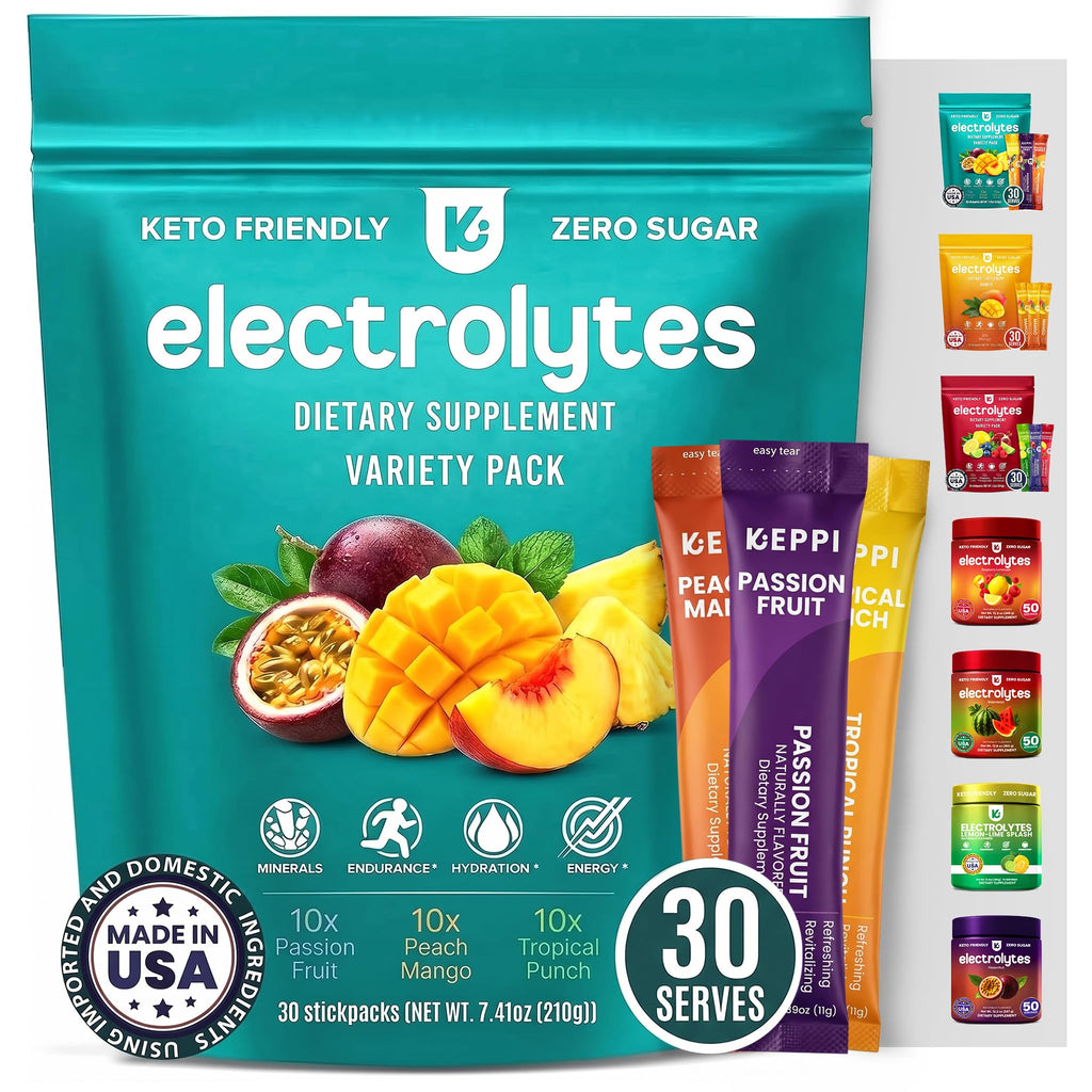 Keppi Electrolytes Powder Packets Tropical Variety 30 Servings – Zero Sugar Hydration Supplement with Potassium, Magnesium, Sodium – Keto, Vegan, Fasting-Friendly, Zero Calorie, Sugar Free