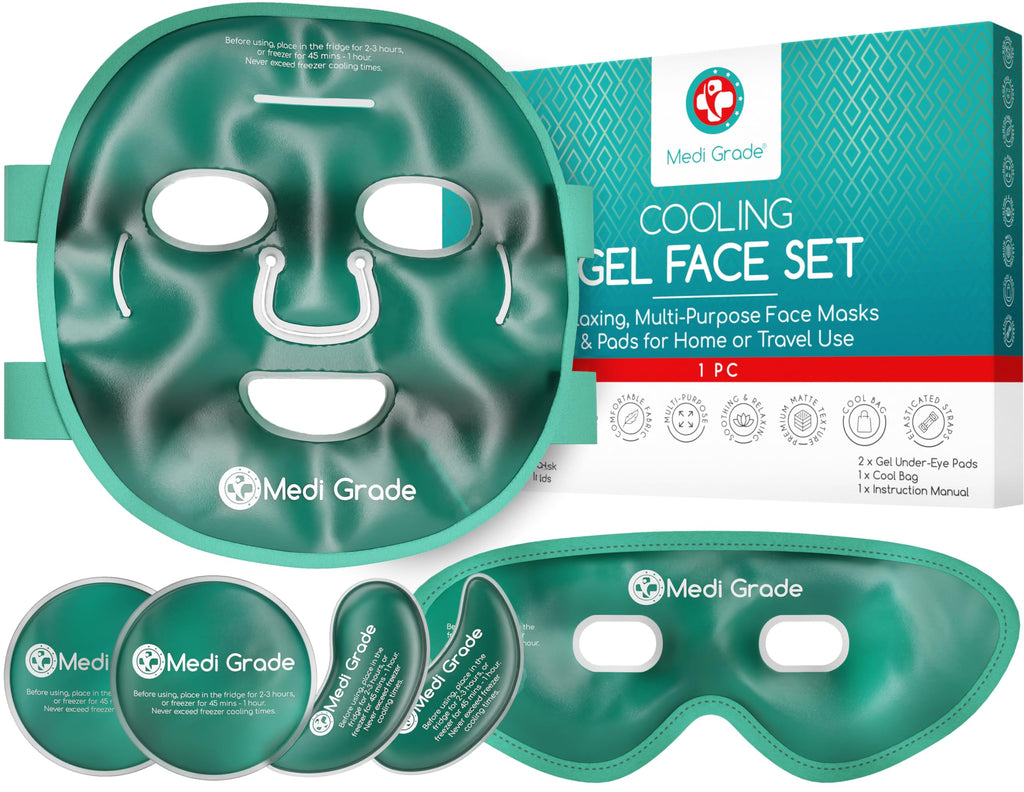 Medi Grade Face Ice Pack and Cooling Eye Mask Set, ChillGel Gel Mask Duo | Ice face mask and gel eye mask soothe puffy eyes, dark circles and migraines, cooling self care with storage bag