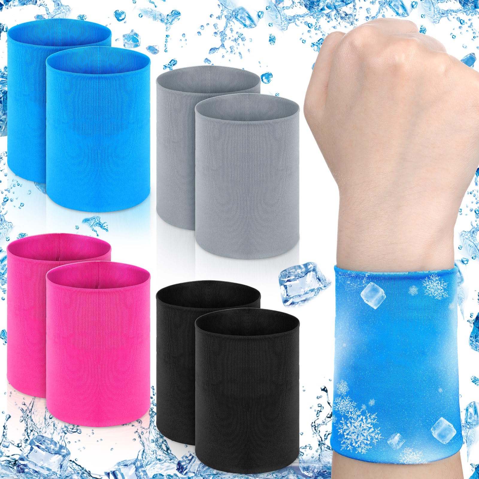 8 Pack Cooling Wristbands for Women Men Breathable Athletic Exercise Wrist Sweatband Quick Dry Sweat Heat Absorbing Wristbands for Tennis Outdoor Yoga Camping(Blue, Black, Gray, Rose Red)