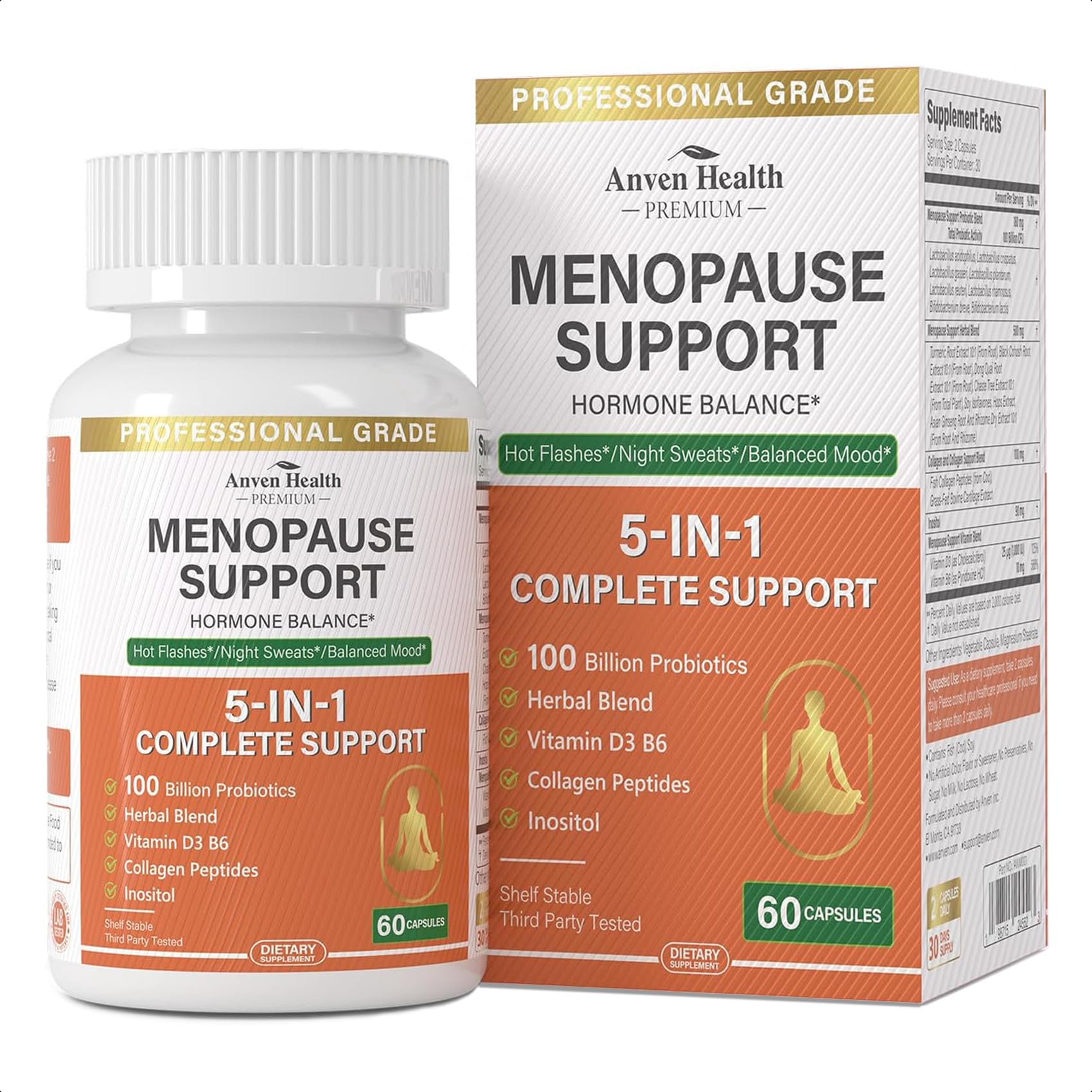 Menopause Supplements for Women 100 Billion CFU, Vitamin D3 B6 | Vitamin D3 & B6, 100B Probiotics, Black Cohosh & Herbs, Collagen, Hot Flashes & Night Sweats Relief, pH Balance