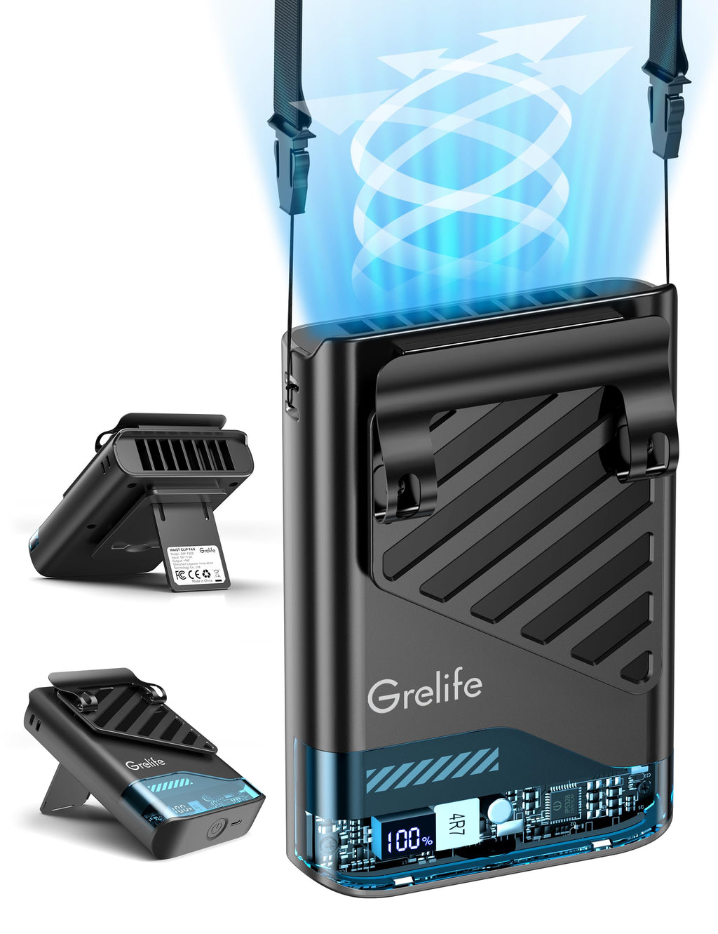 Grelife AI Portable Waist Fan Rechargeable,10000mAh LED Clip Fan,5 Speed 10000RPM 33ft/s Airflow,40H Runtime Hands-Free Neck Fan,Personal Wearable Cooling Fan for Outdoor,Camping,Jobsite,Travel(Black)