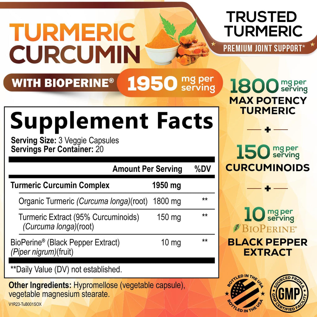 Turmeric Curcumin Supplement - 1950mg Organic Turmeric - 95% Curcuminoids & BioPerine Black Pepper Extract for Best Absorption - Natural Vegan Joint & Immune Support, Bottled in USA - 60 Capsules