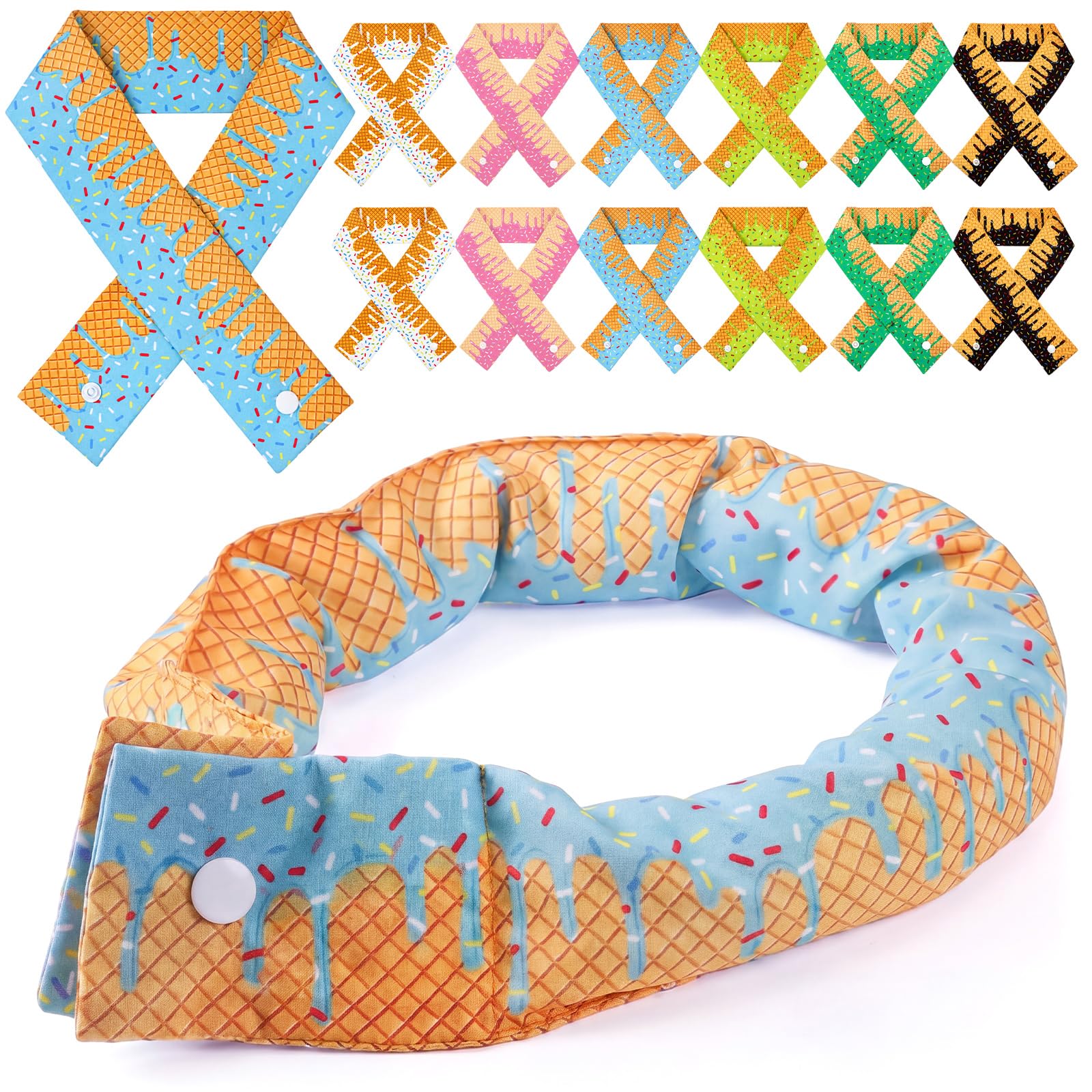 Hanaive 12 Pcs Cooling Neck Wraps with Button Tie Dye Neck Cooler for Hot Weather Ice Cooling Bandana Scarf for Summer Men Women (Ice Cream Drip)