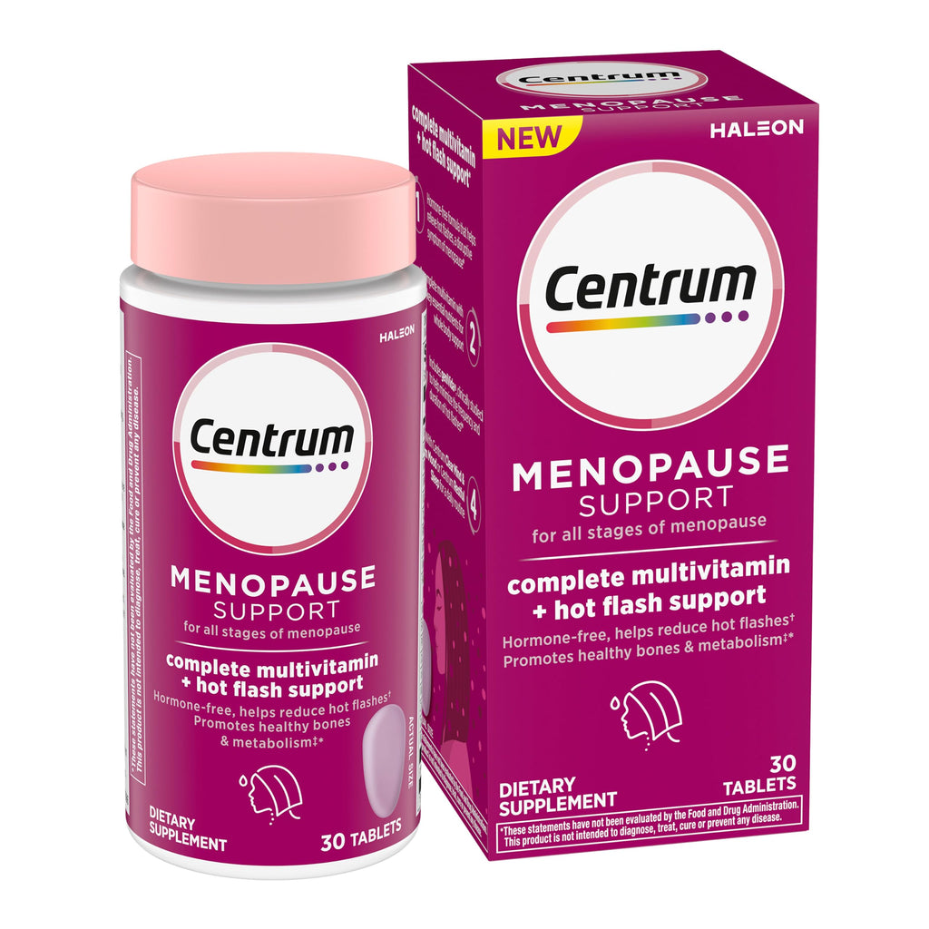 Centrum Complete Multivitamin Supplement, 30 Count | Hot Flash Support Menopause Support Tablets, with Clinically Studied geniVida, Gluten Free, Non-GMO Ingredients