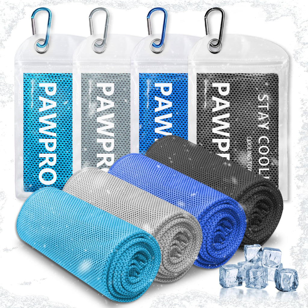 4 Pack Cooling Towels, Soft Breathable Cooling Towels for Neck and Face | Microfiber, Gym, Men, Women, Waterproof Bag, Carabiner, Yoga, Golf, Hiking, Running, athletes, gift, Blue, Green, Pink, Black