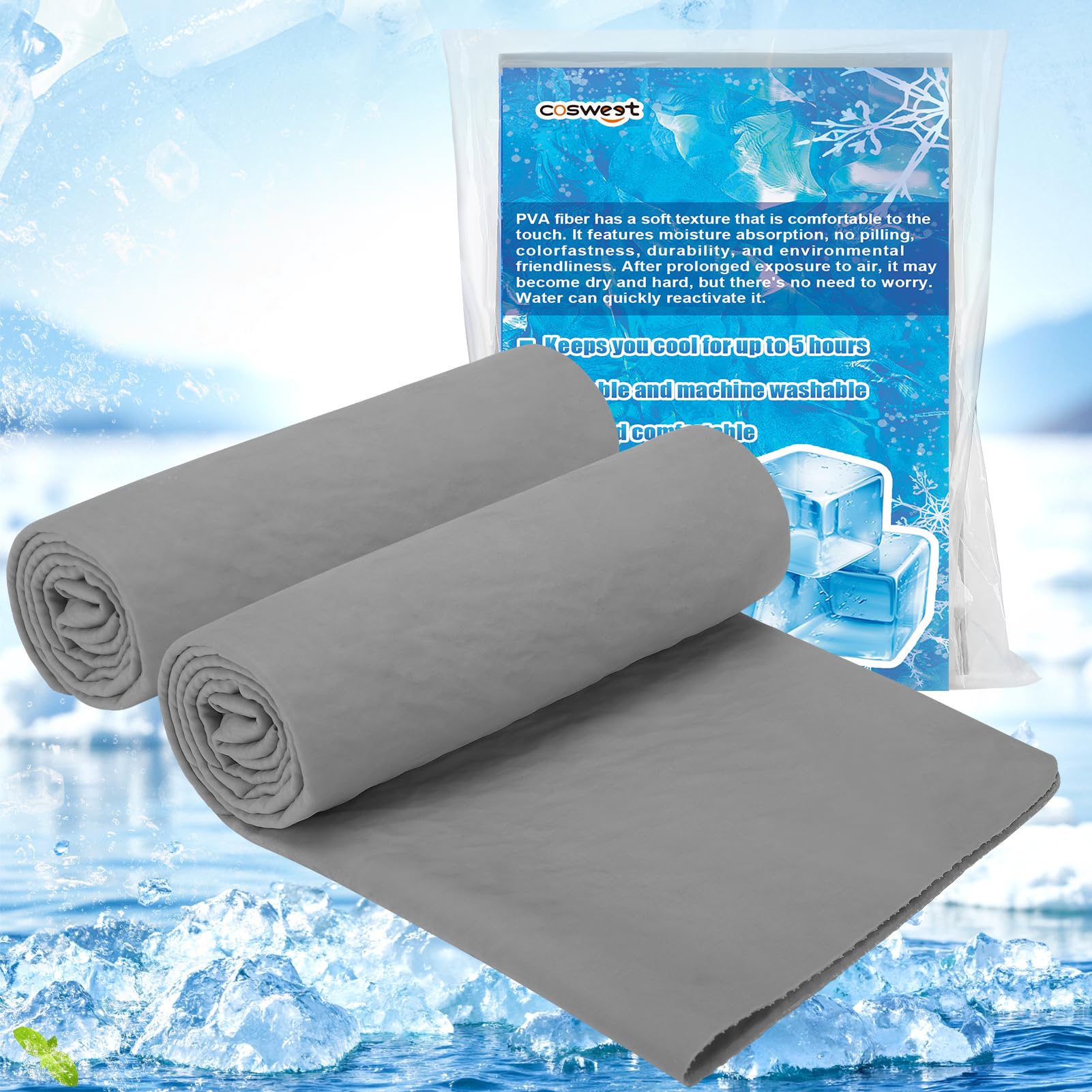 Cosweet PVA Cooling Towels - Quick Chilly Gym Towel Lasts 5 Hours for Neck and Face Hot Weather, Highly Absorbent, UPF 50+ for Outdoor Workout Sports Golf (2Pcs 33.5" x 13", Grey)