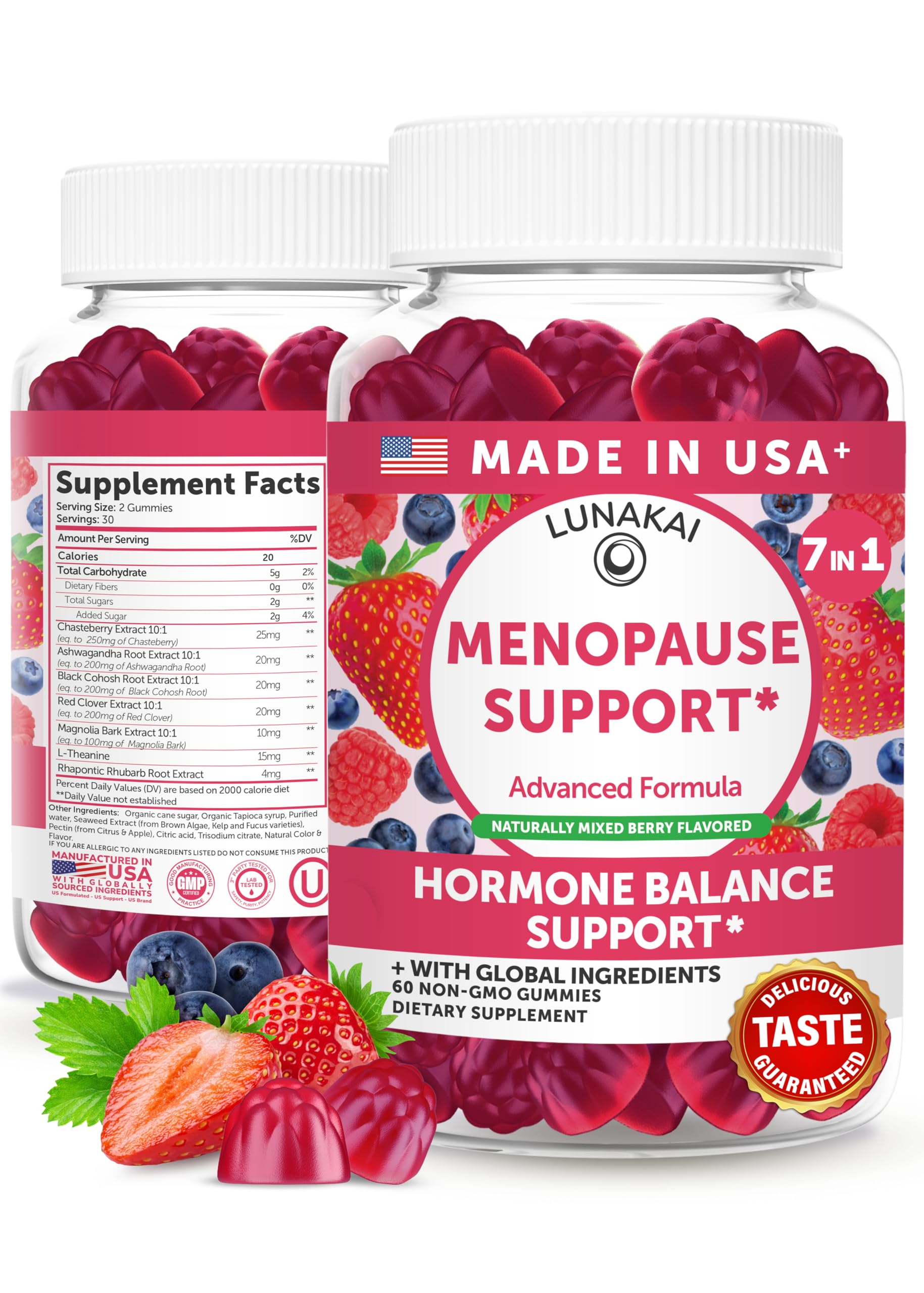 Lunakai USA Made Menopause Relief Gummies – Natural Menopause Supplements for Women with Black Cohosh & L-Theanine – Daily Support for Hot Flashes, Night Sweats & Hormonal Balance, 60ct