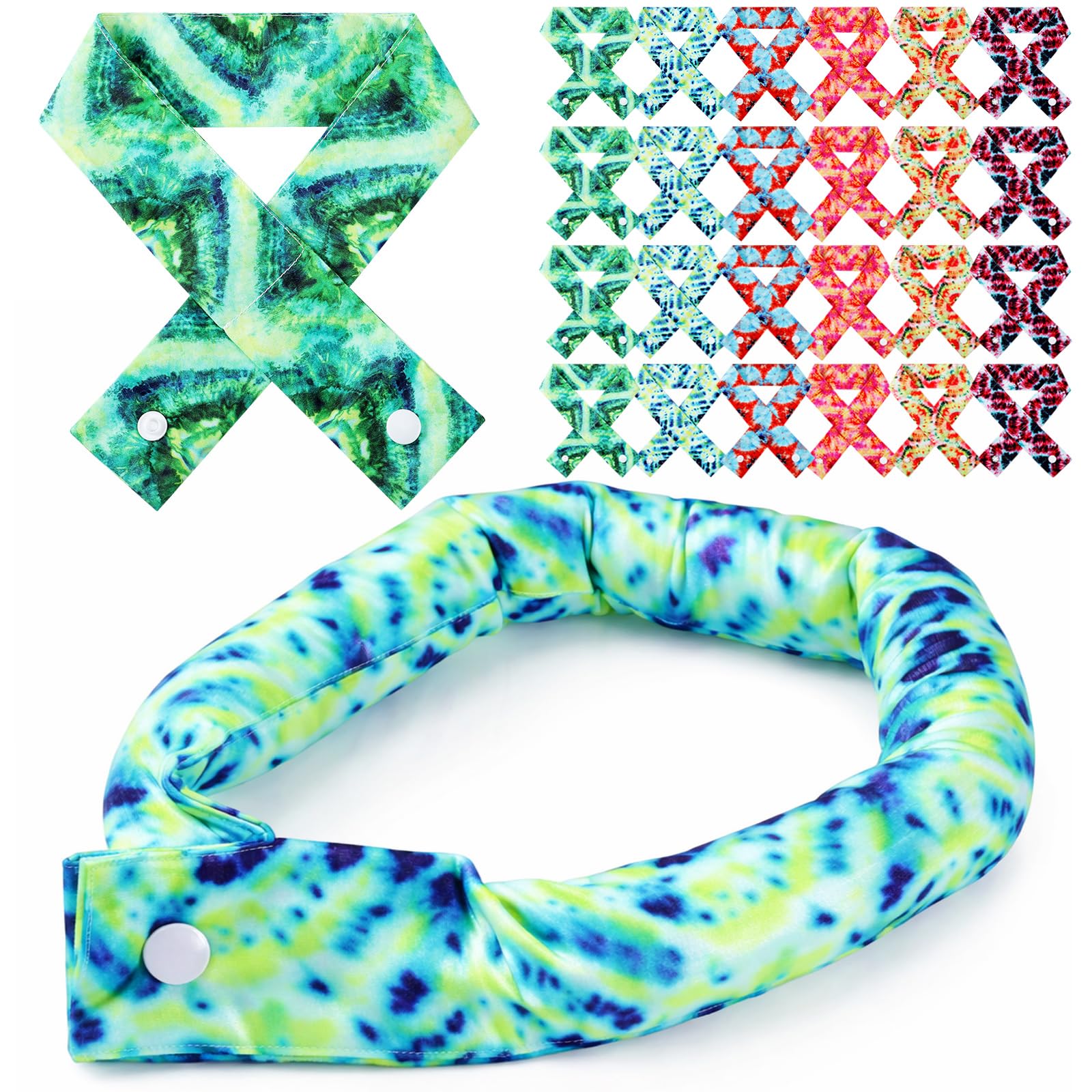 Hanaive 6 Pcs Cooling Neck Wraps with Button Tie Dye Neck Cooler for Hot Weather Ice Cooling Bandana Scarf for Summer Men Women (Tie Dye-2)