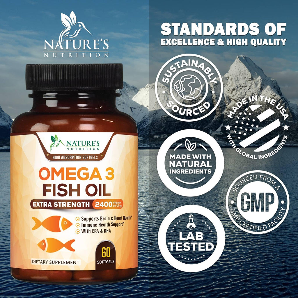 Omega 3 Fish Oil 2400mg - Triple Strength Daily Omega-3 Supplement with EPA & DHA - Natural Heart, Brain & Immune Support - Wild Caught Omega3 Fatty Acids - Gluten Free & Bottled in USA - 60 Softgels