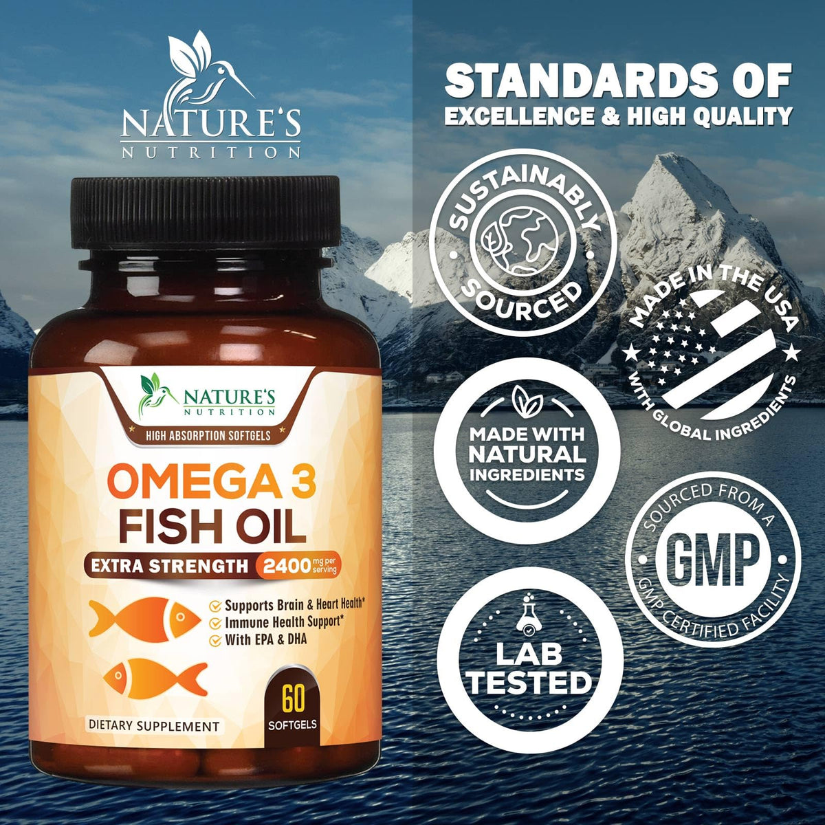 Omega 3 Fish Oil 2400mg - Triple Strength Daily Omega-3 Supplement with EPA & DHA - Natural Heart, Brain & Immune Support - Wild Caught Omega3 Fatty Acids - Gluten Free & Bottled in USA - 60 Softgels