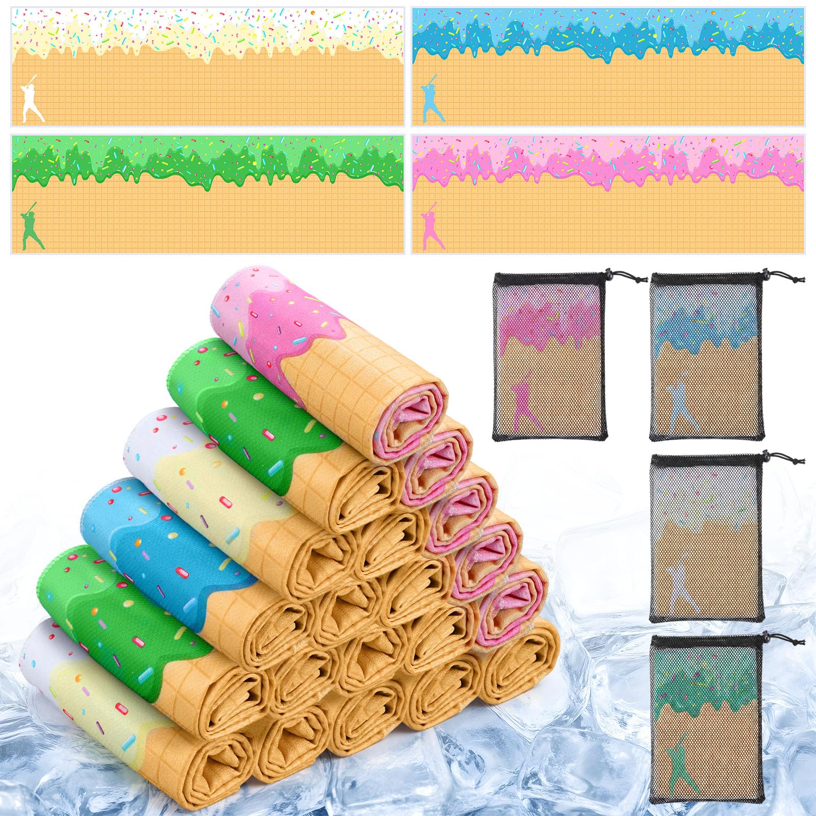 Peryiter 20 Pcs Ice Cream Drip Baseball Cooling Towel 40 x 12 Inch Breathable Ice Towel with Storage Bag Quick Dry Baseball Team Gift Fitness Camping Gym Running Sports Party Favors Coach Gift