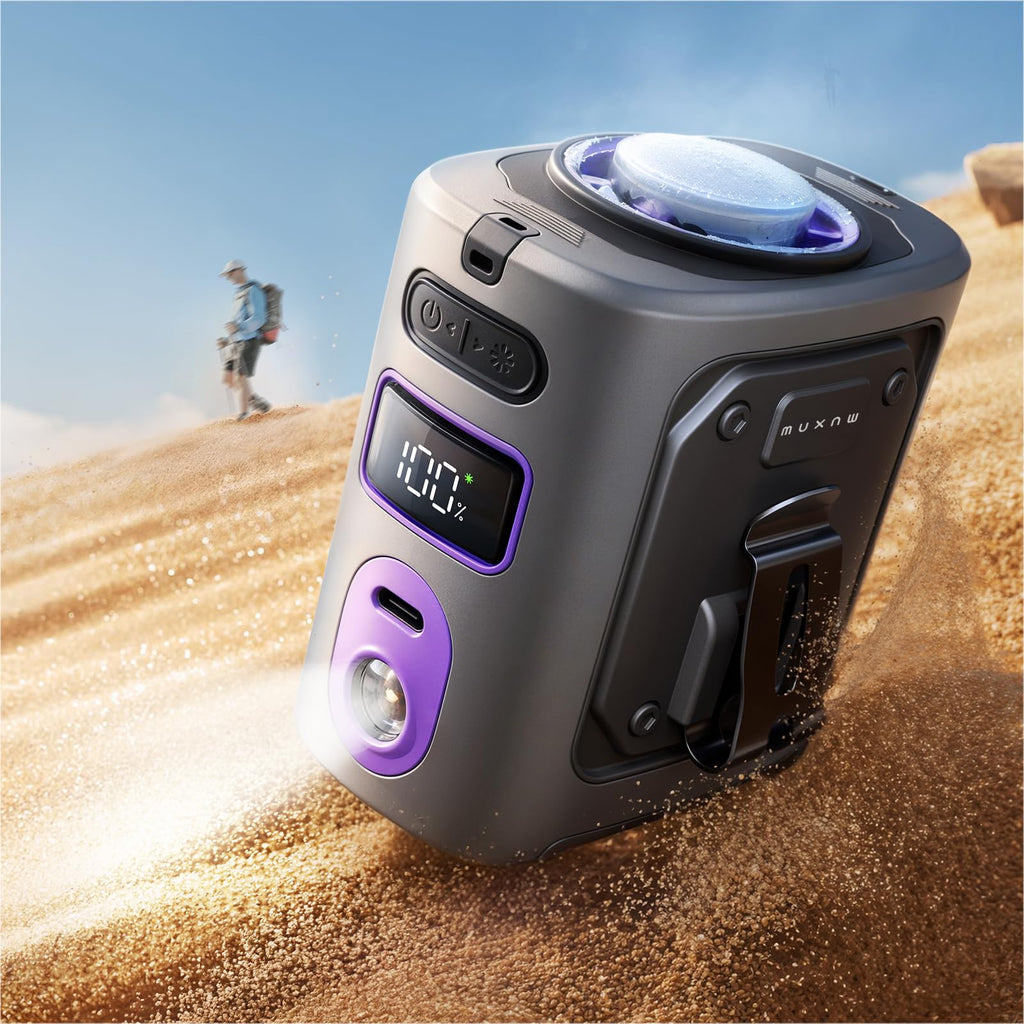 MUXNW Clip-On Waist Fan with Ice Cooling Plate, 14000RPM, 8000mAh | 5 Speeds, 8-42H Runtime, Belt Clip, Under-Shirt Airflow, Semiconductor Contact Cooling for Outdoor Work