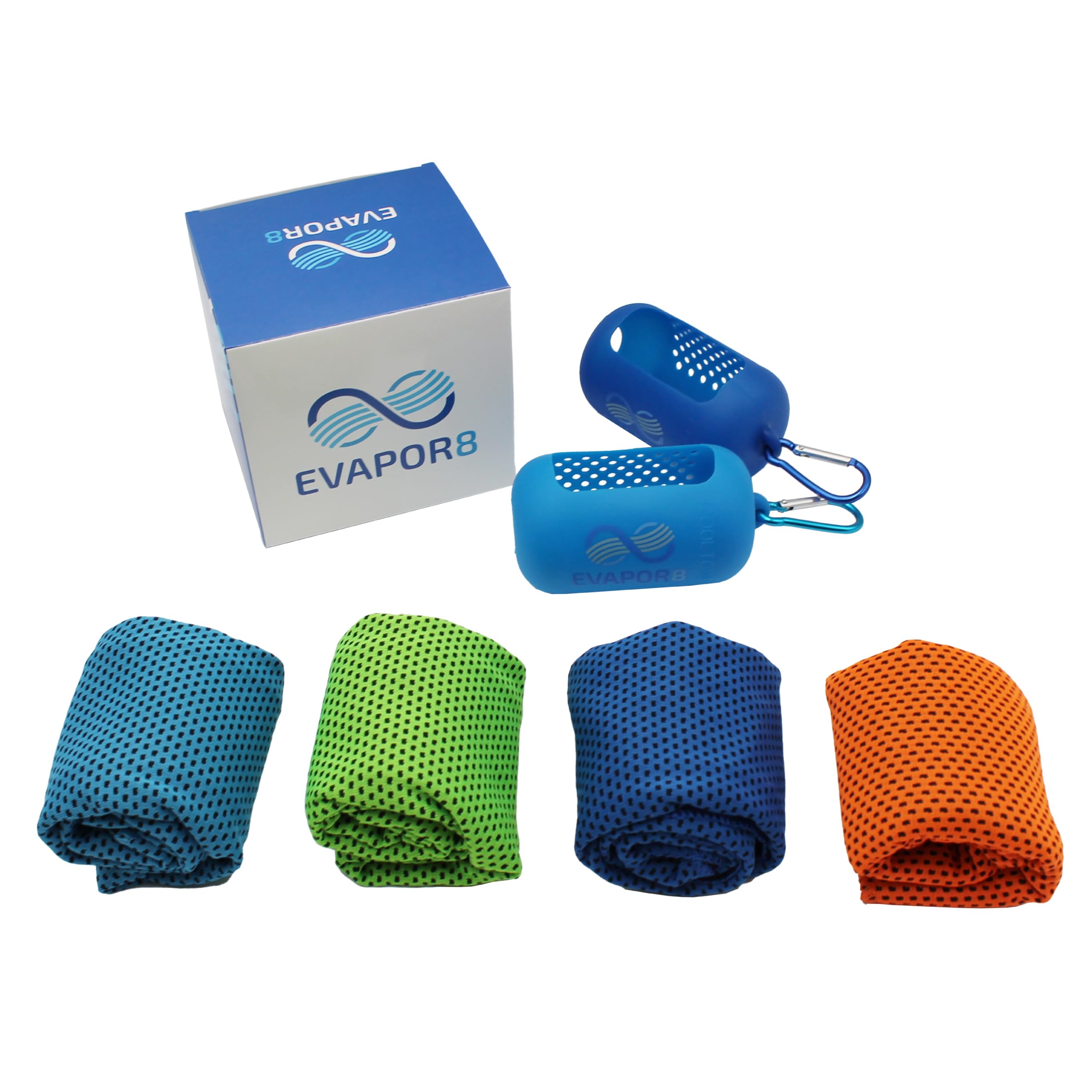 Evapor8 Cooling Towels with 2 Silicone Cases, 4 Pack, UPF 50 | Neck and face towel, snap-activated fabric for extreme heat, gym workouts, running, hiking, travel and beach days, 40” x 12”