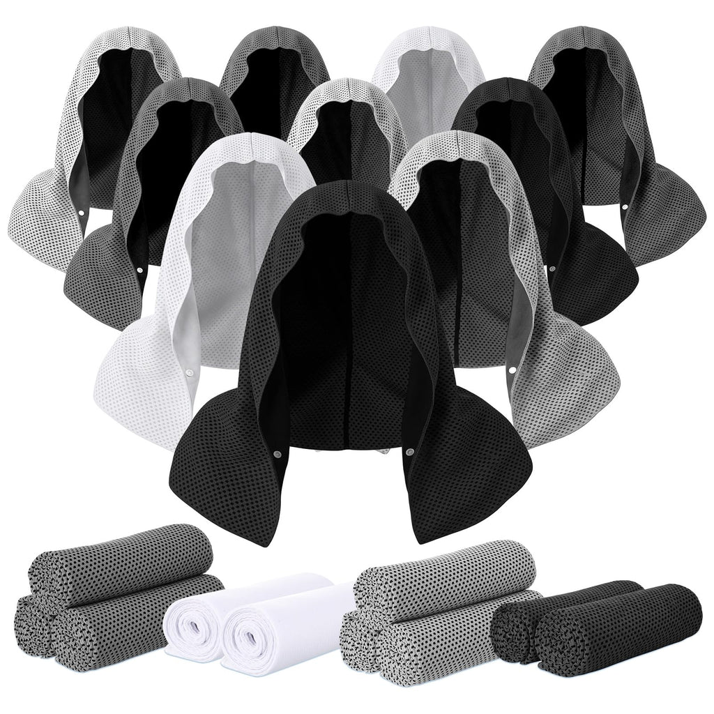 Honoson 20pcs 20Pcs Cooling Hood Towel,Dark Gray, Light Gray, White, Black | 12x25Inch Hoodie Towel Bulk for Neck Face 40x12 Inch Quick Dry Sweat Towels Instant Ice Cold Towel for Hot Weather Yoga Gym