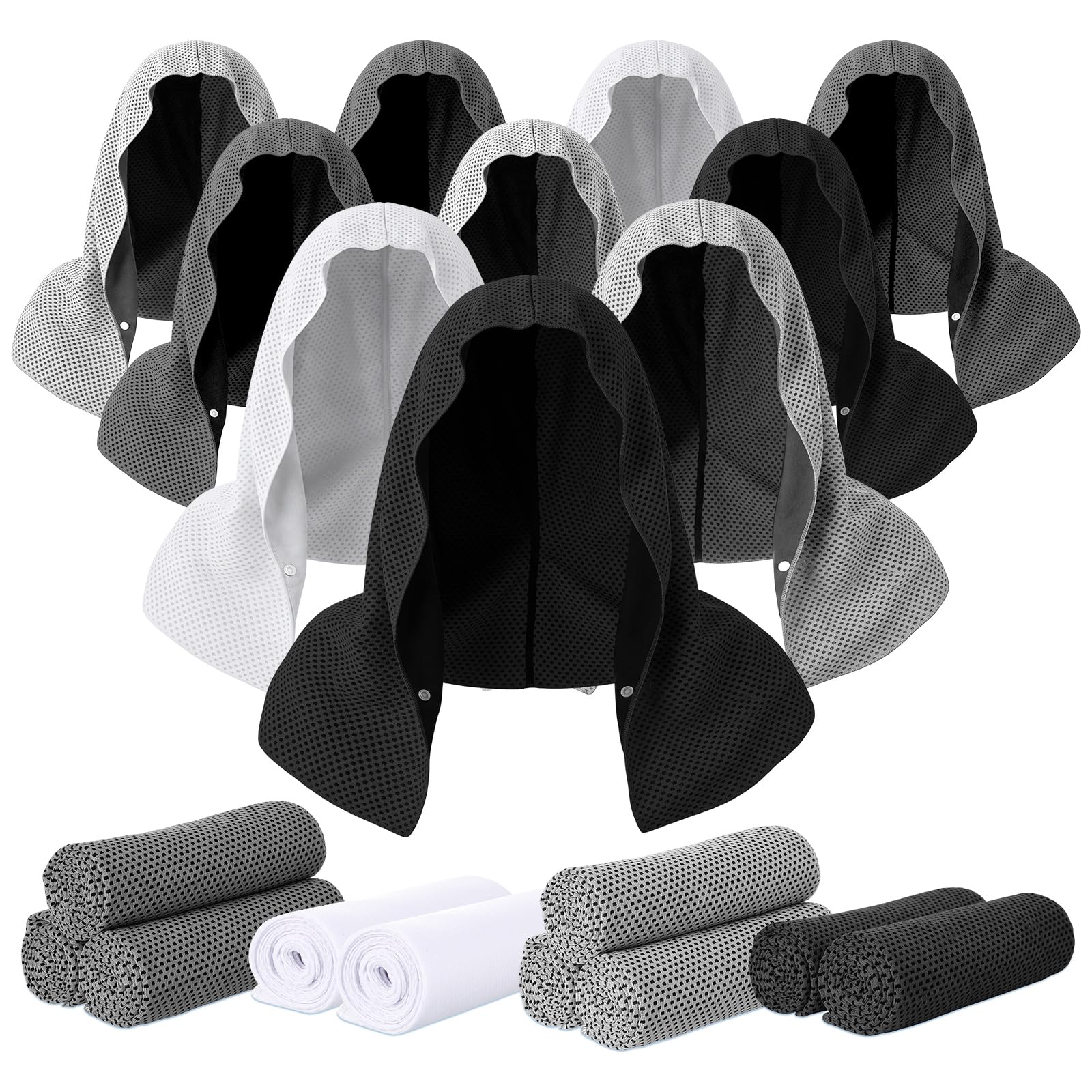 Honoson 20pcs 20Pcs Cooling Hood Towel,Dark Gray, Light Gray, White, Black | 12x25Inch Hoodie Towel Bulk for Neck Face 40x12 Inch Quick Dry Sweat Towels Instant Ice Cold Towel for Hot Weather Yoga Gym