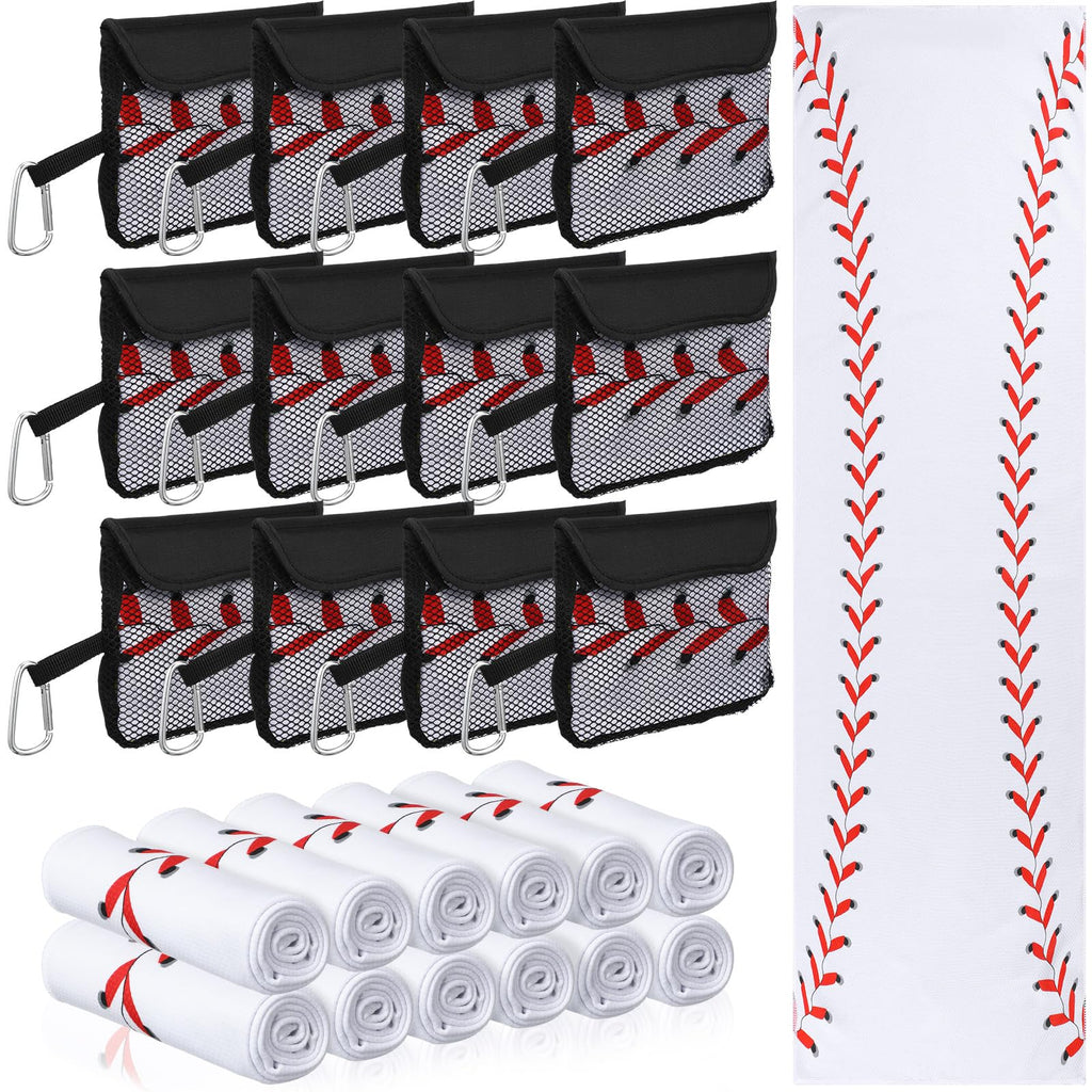 Moukeren 12 Pcs Cooling Towel with Mesh Storage Bag and D Ring Hook, 40" x 12" Soft Breathable Chilly Microfiber Sport Towels for Yoga Running Gym Workout Sport Party Favors Team Gift (Baseball)