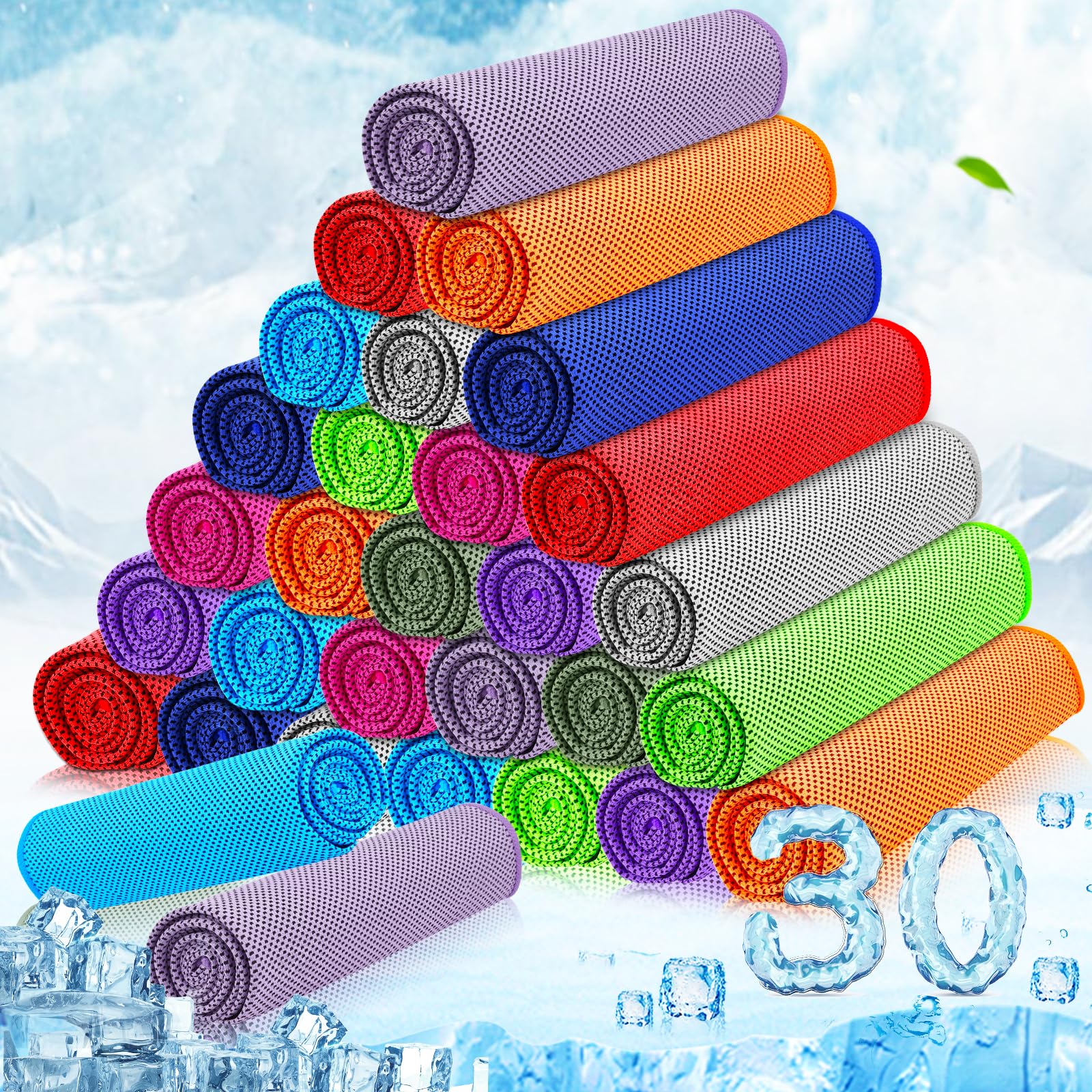 MENOLY 30 Packs Cooling Towels Bulk (40"x12") Gym Cooling Towels for Neck and Face Sweat Workout Cooling Neck Rags for Sports Yoga Soft Microfiber Breathable Rags for Hiking Running Fitness-Multicolor